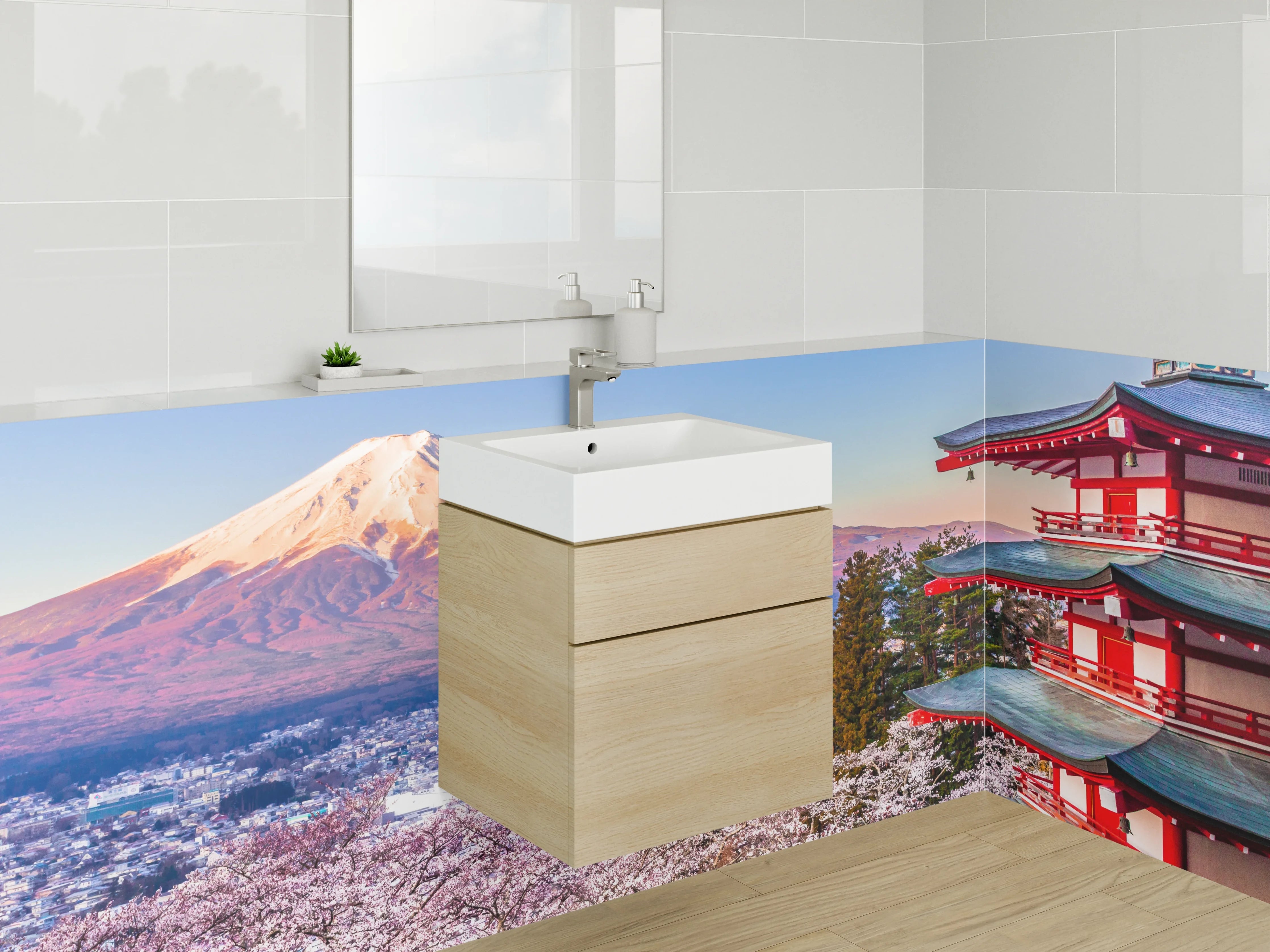 Waschbecken-Rückwand - Berg Fuji mit Tempel und Kirschblüten