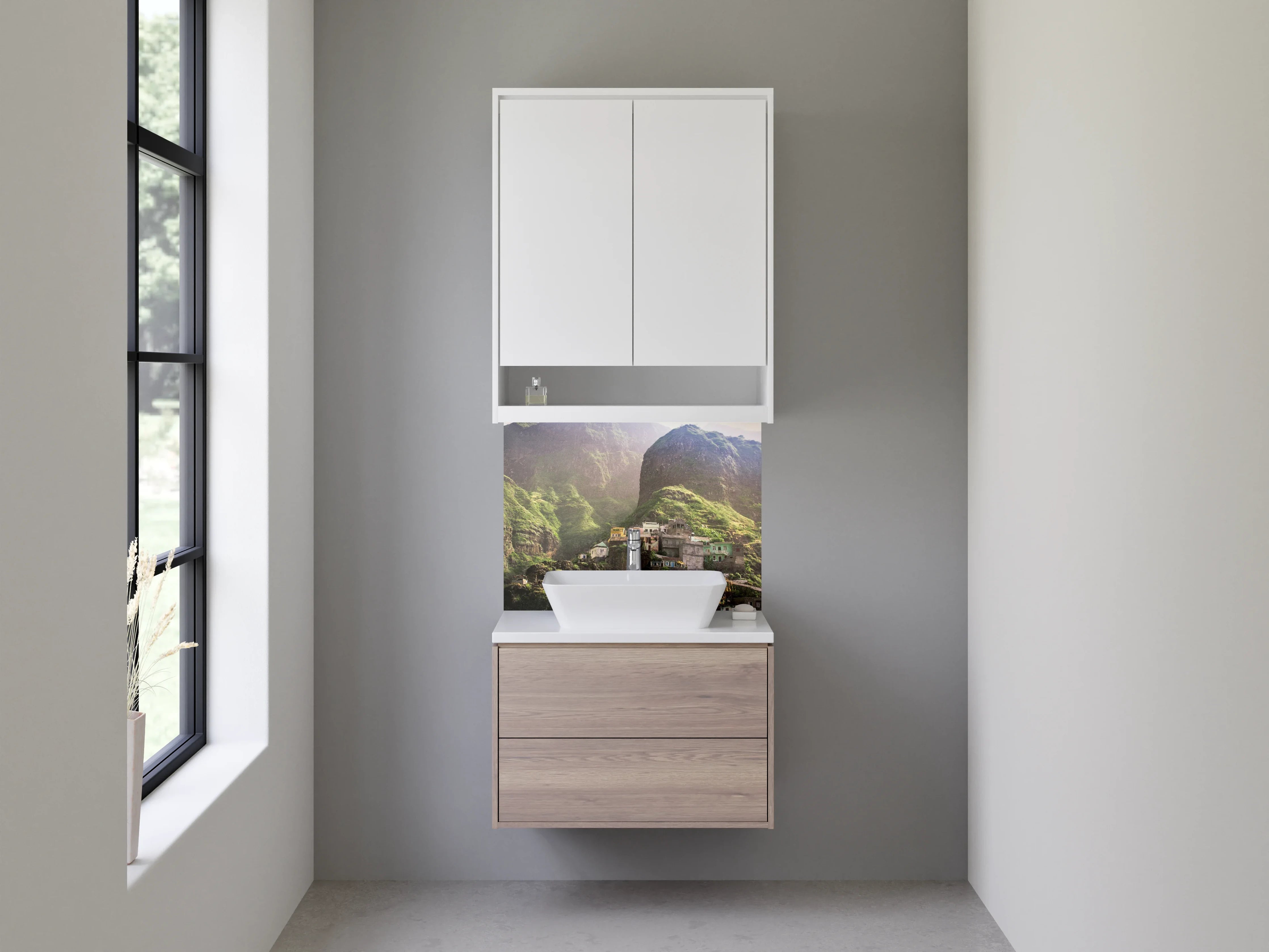 Waschbecken-Rückwand - Bergdorf in grüner Landschaft