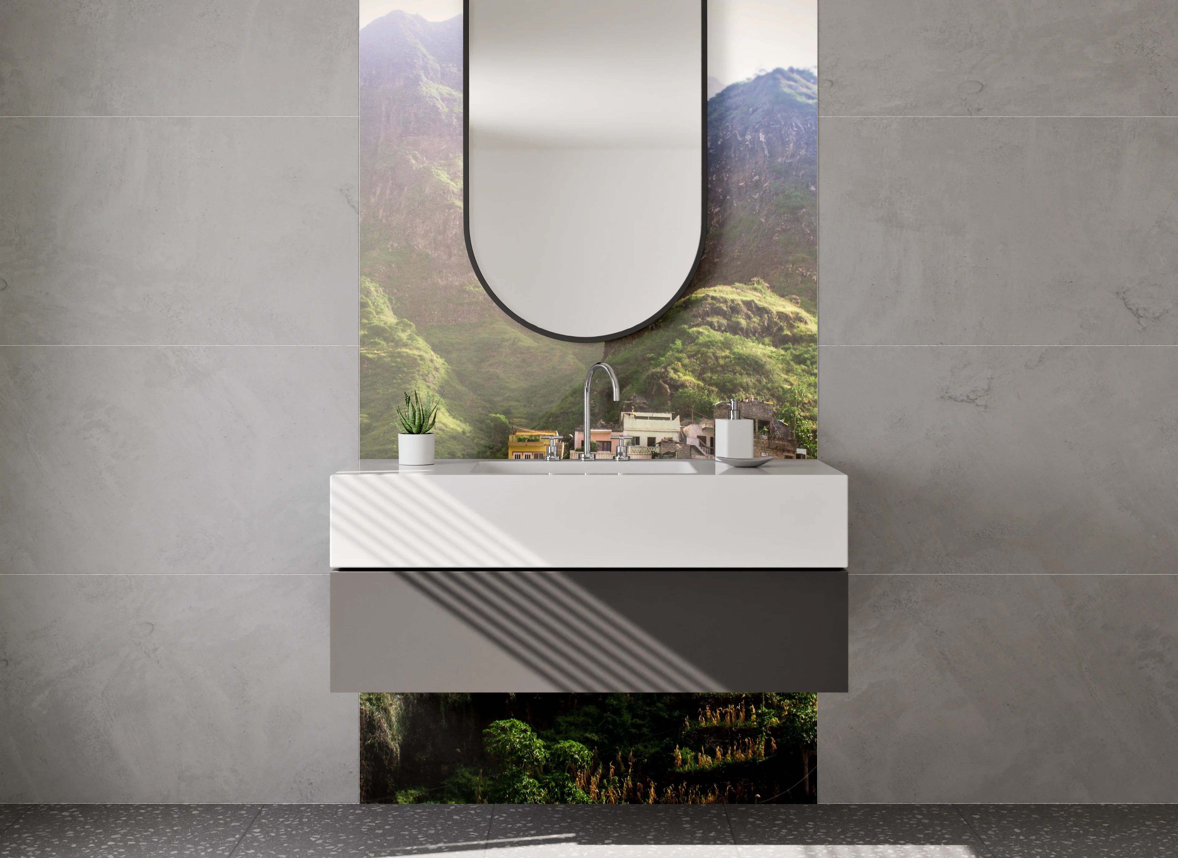 Waschbecken-Rückwand - Bergdorf in grüner Landschaft