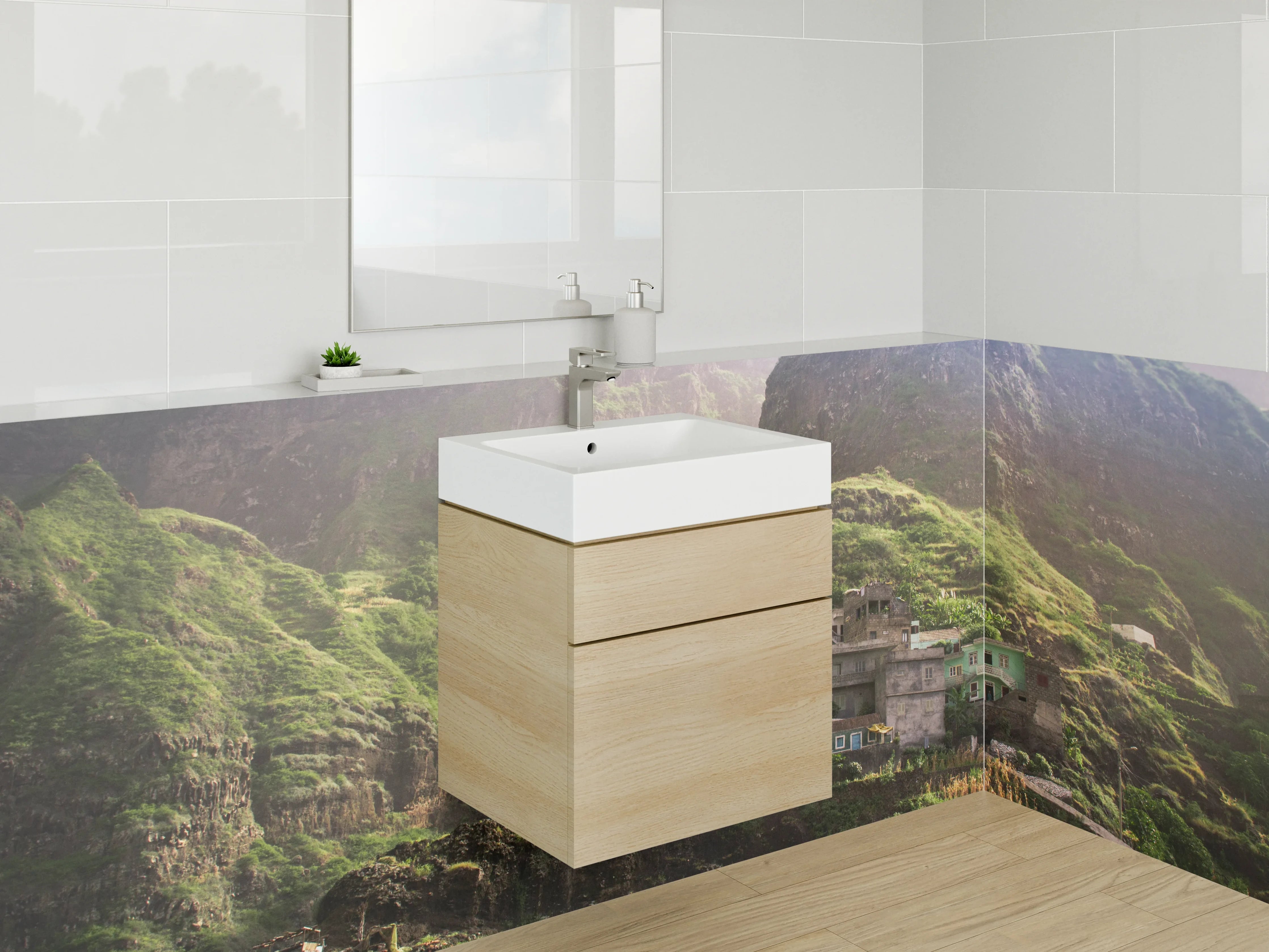 Waschbecken-Rückwand - Bergdorf in grüner Landschaft