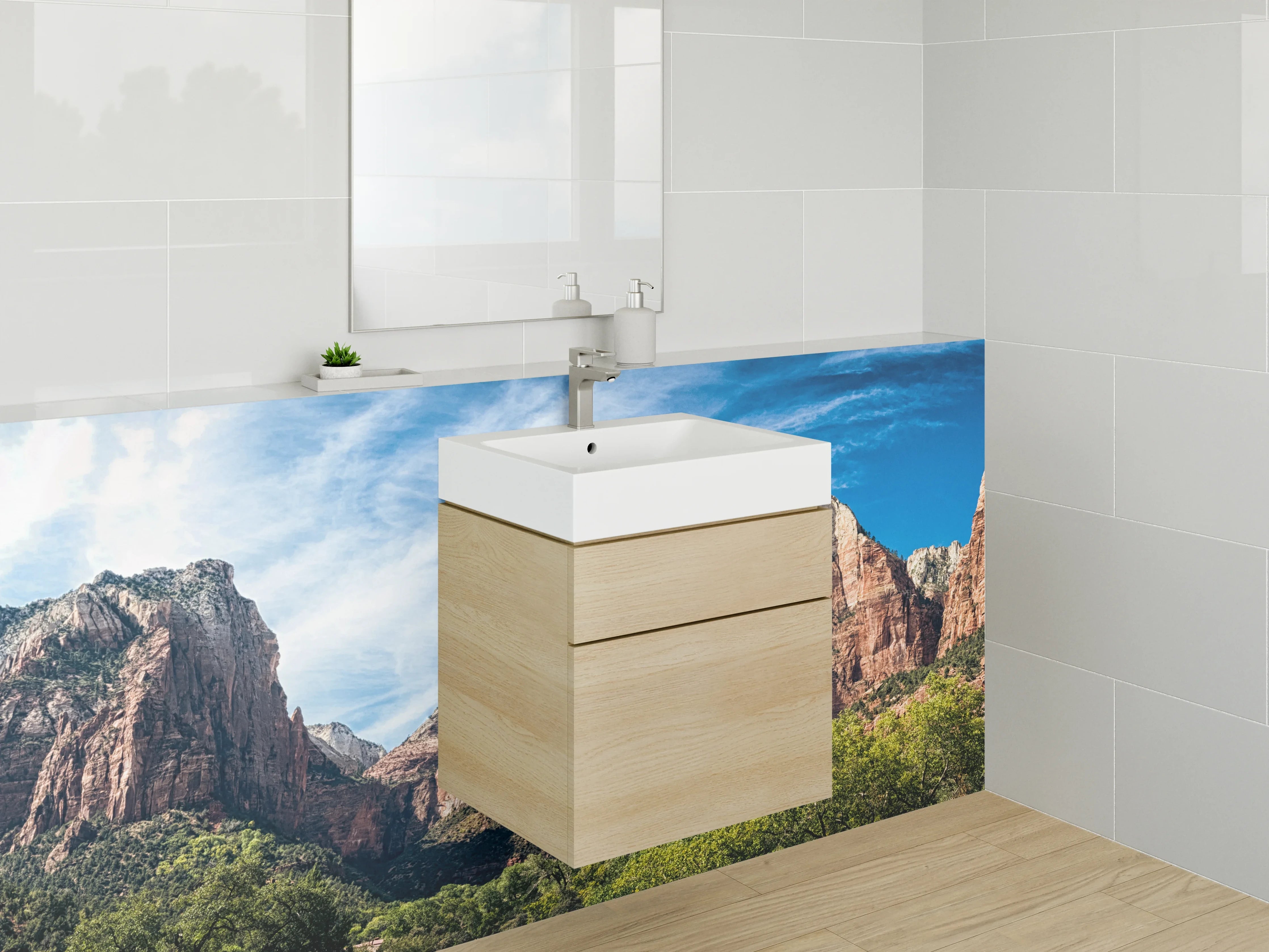 Waschbecken-Rückwand - Berglandschaft bei Sonnenschein