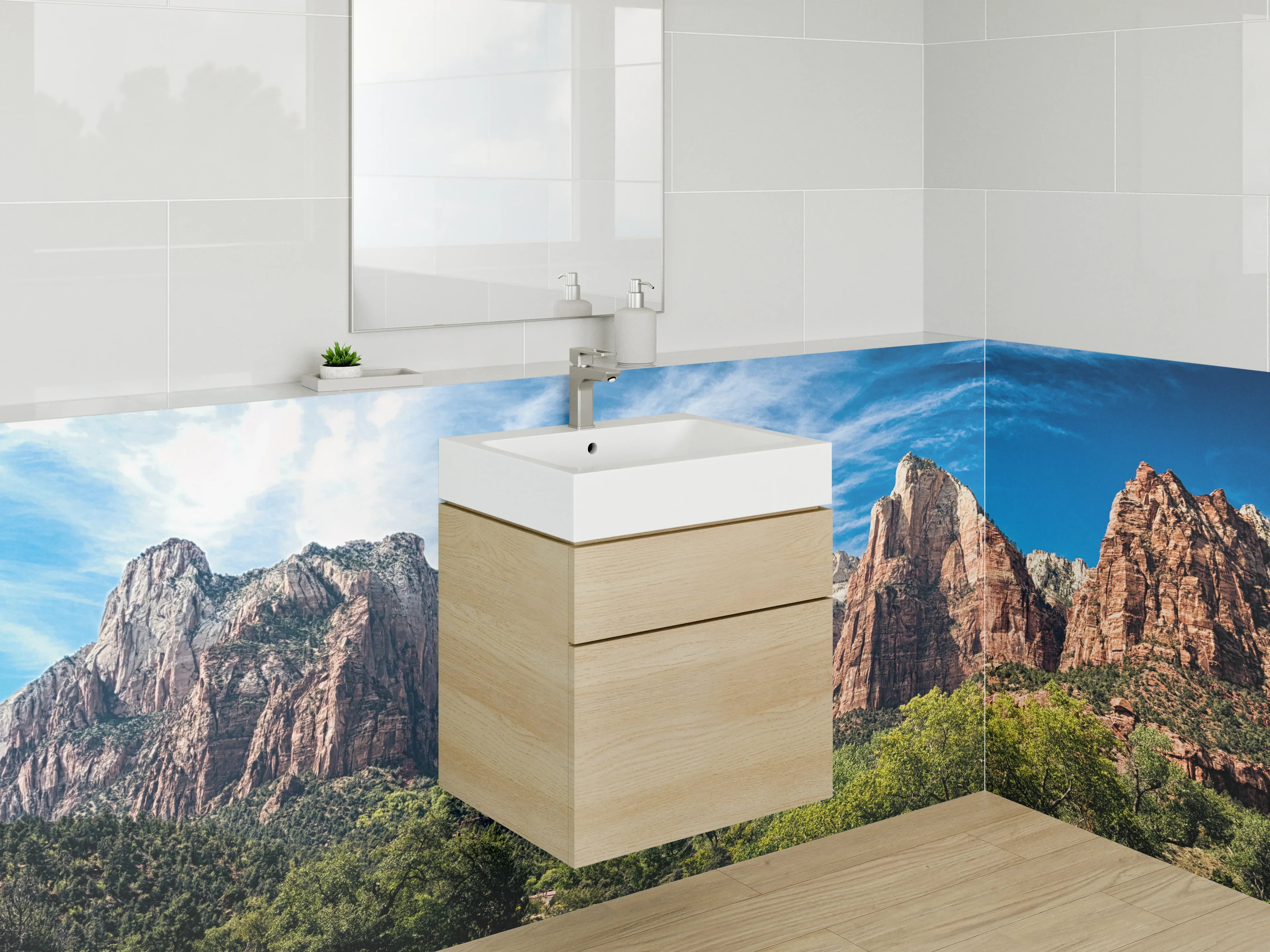 Waschbecken-Rückwand - Berglandschaft bei Sonnenschein