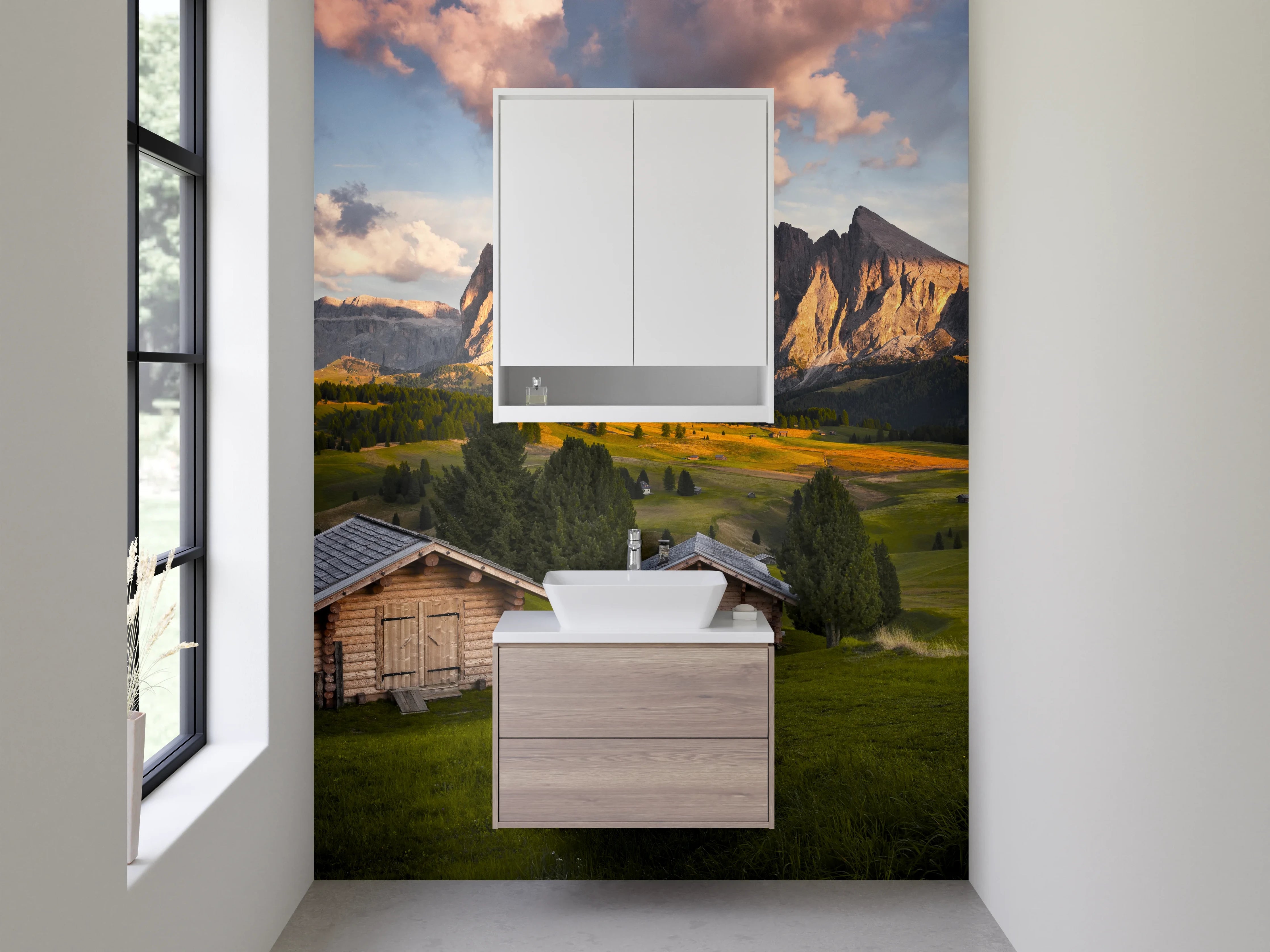 Waschbecken-Rückwand - Berglandschaft mit Holzchalets