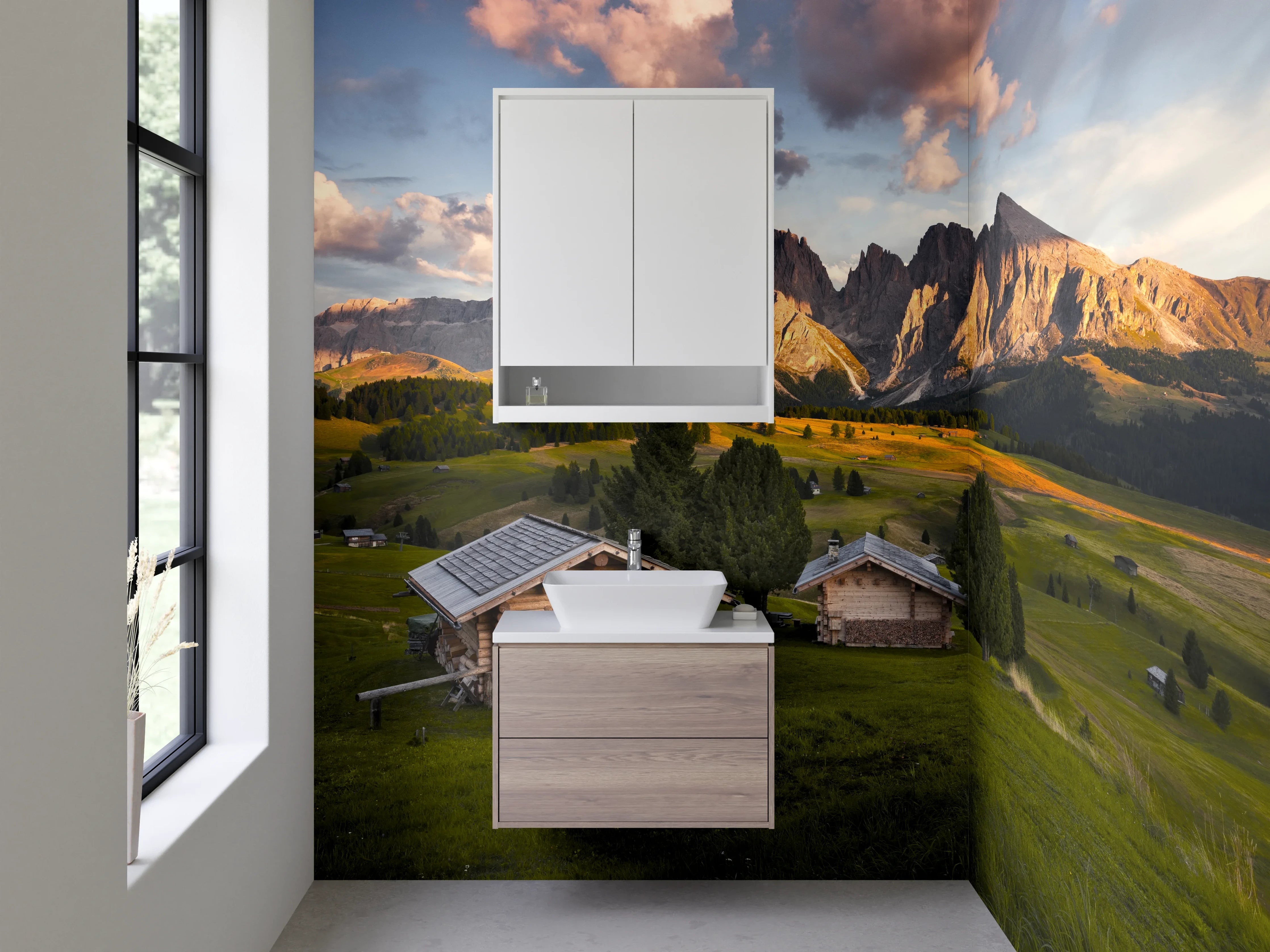 Waschbecken-Rückwand - Berglandschaft mit Holzchalets