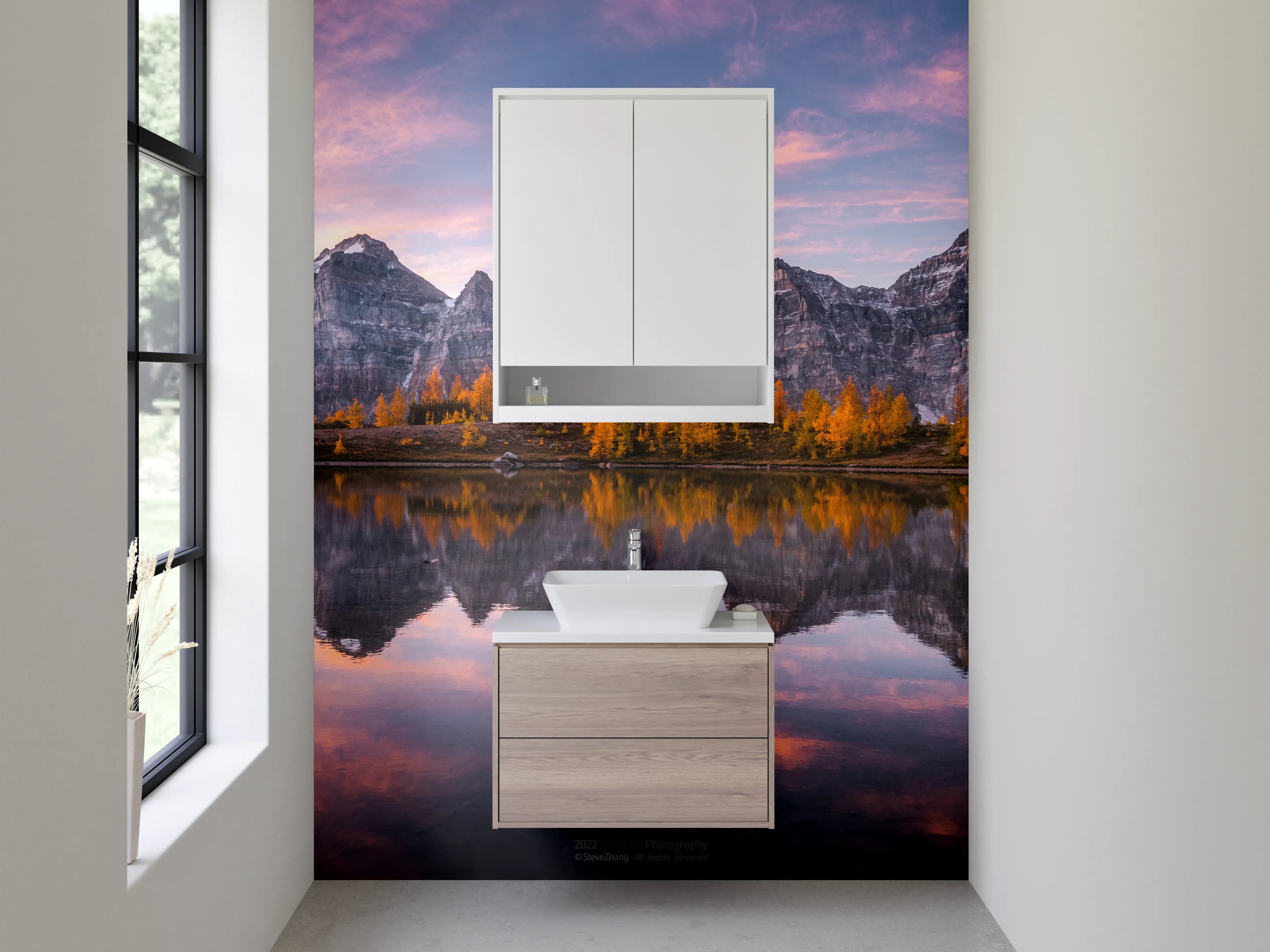 Waschbecken-Rückwand - Berglandschaft mit Spiegelung im See