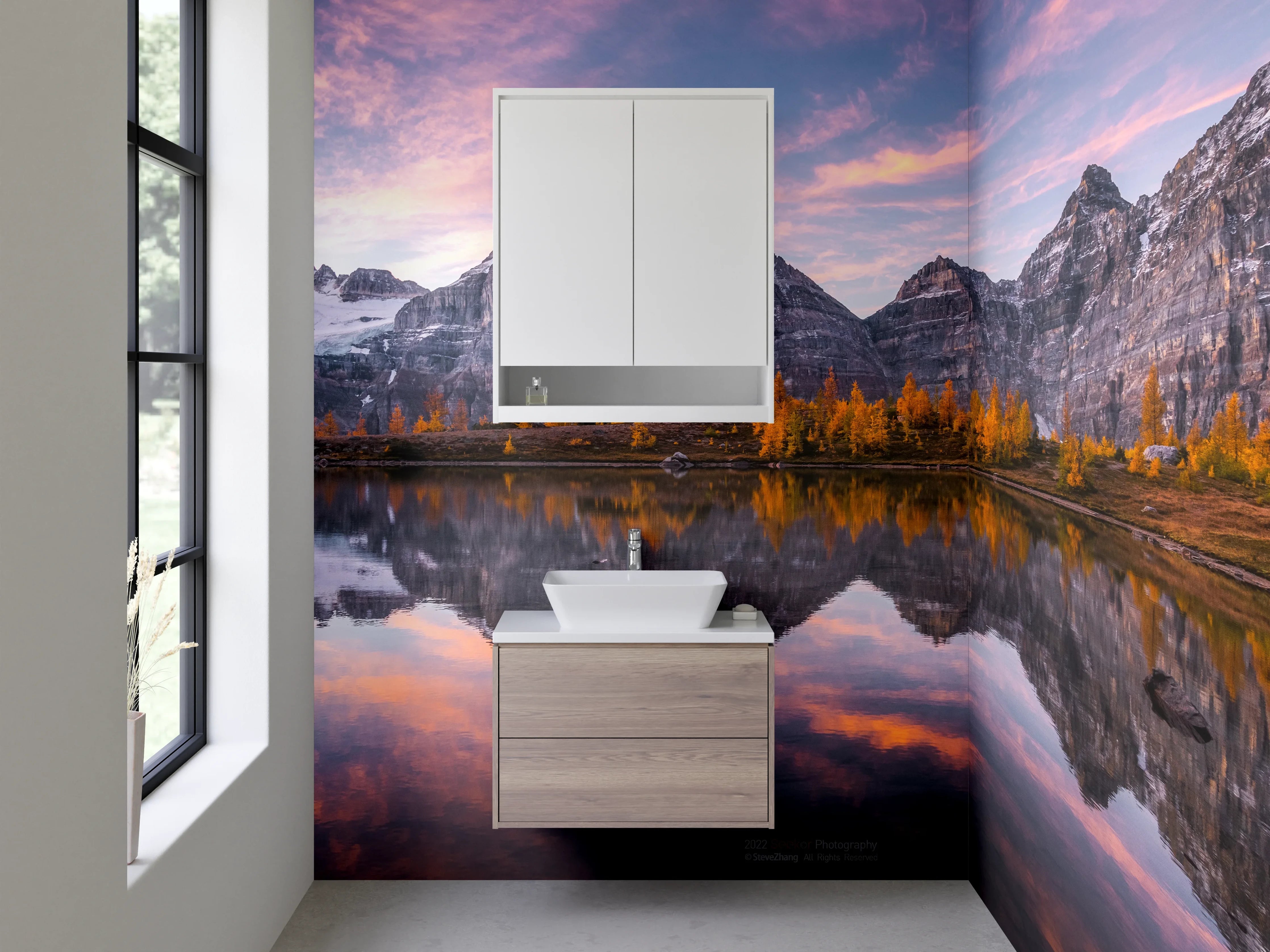 Waschbecken-Rückwand - Berglandschaft mit Spiegelung im See