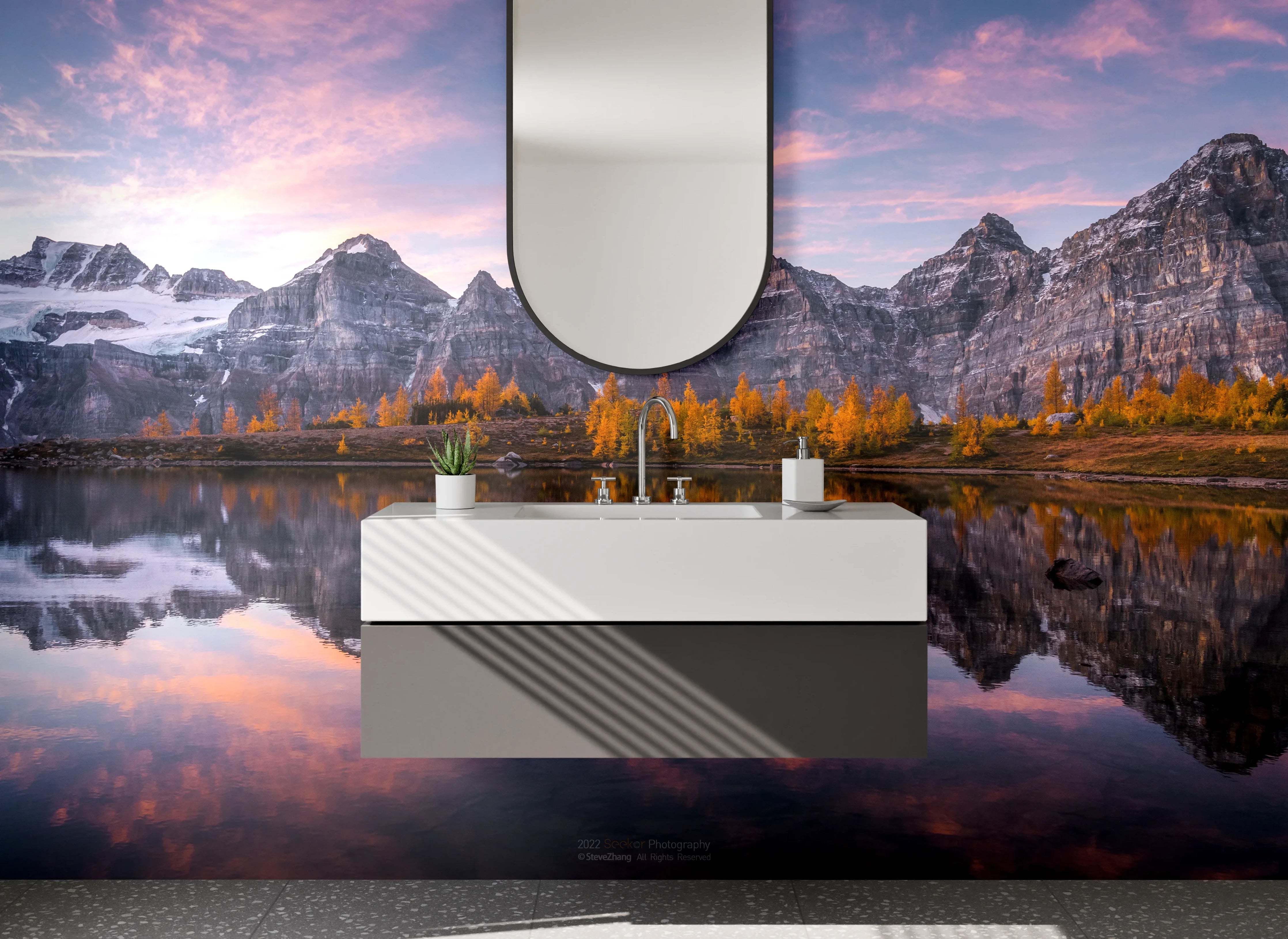 Waschbecken-Rückwand - Berglandschaft mit Spiegelung im See