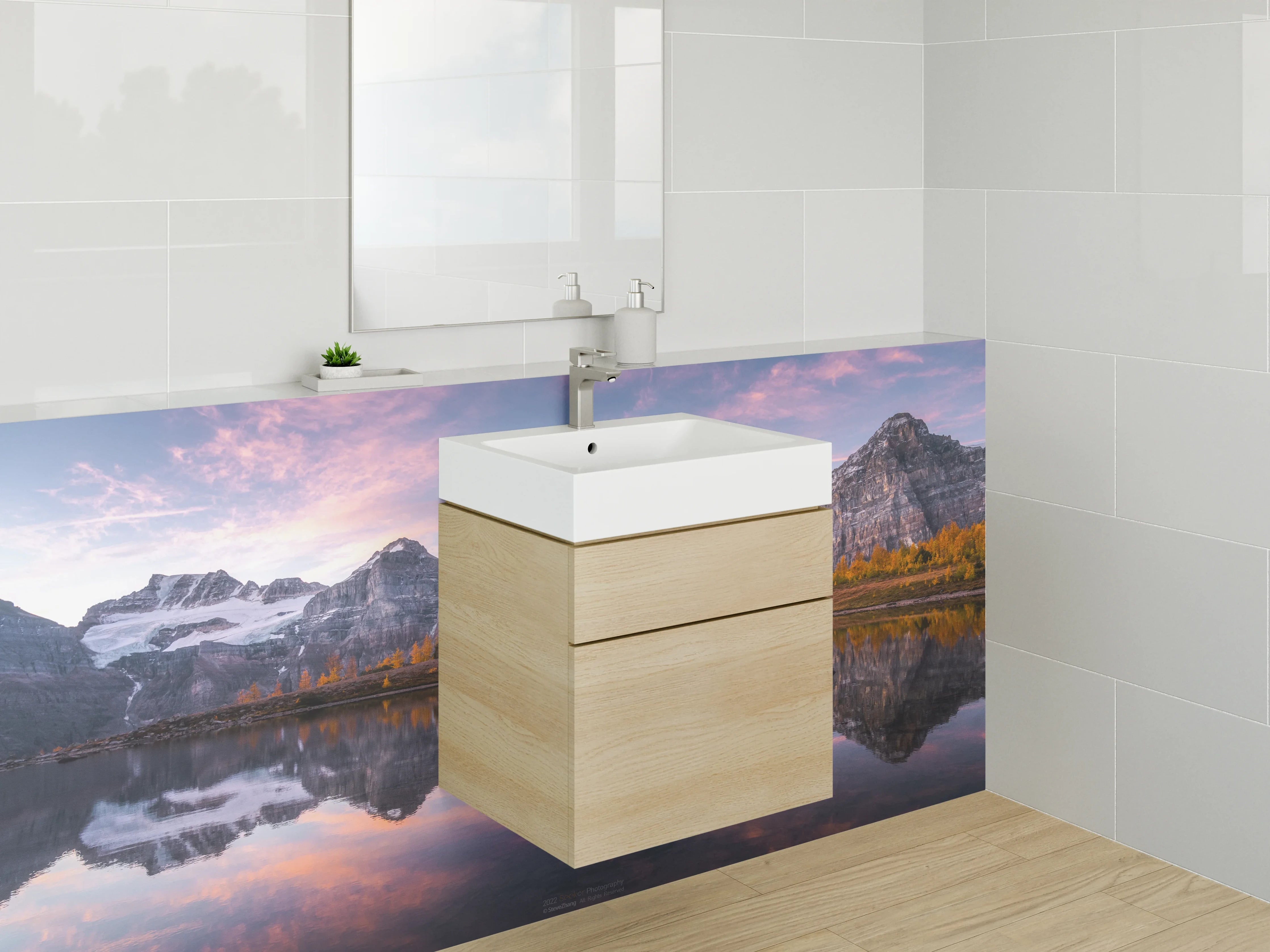 Waschbecken-Rückwand - Berglandschaft mit Spiegelung im See