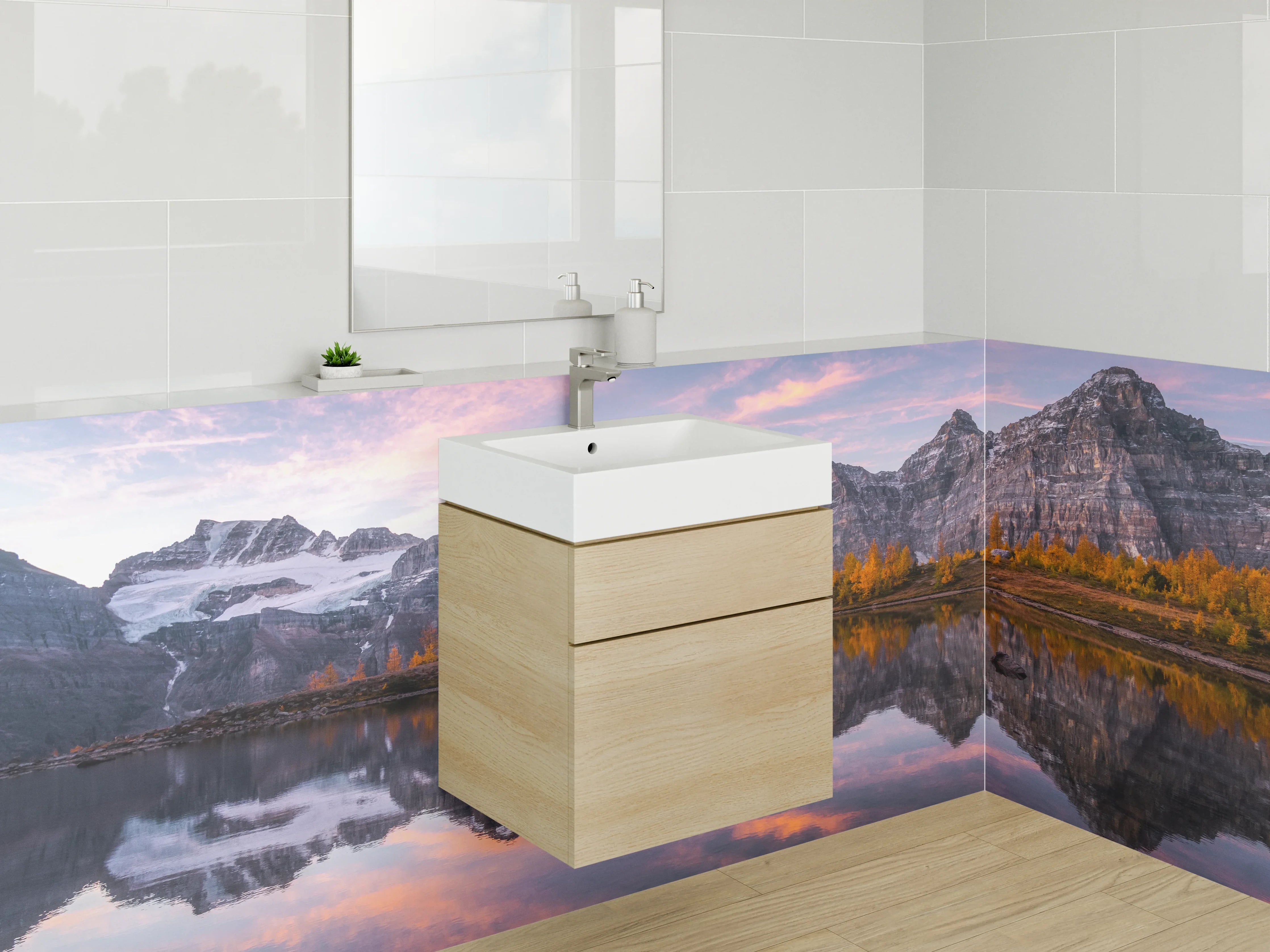 Waschbecken-Rückwand - Berglandschaft mit Spiegelung im See