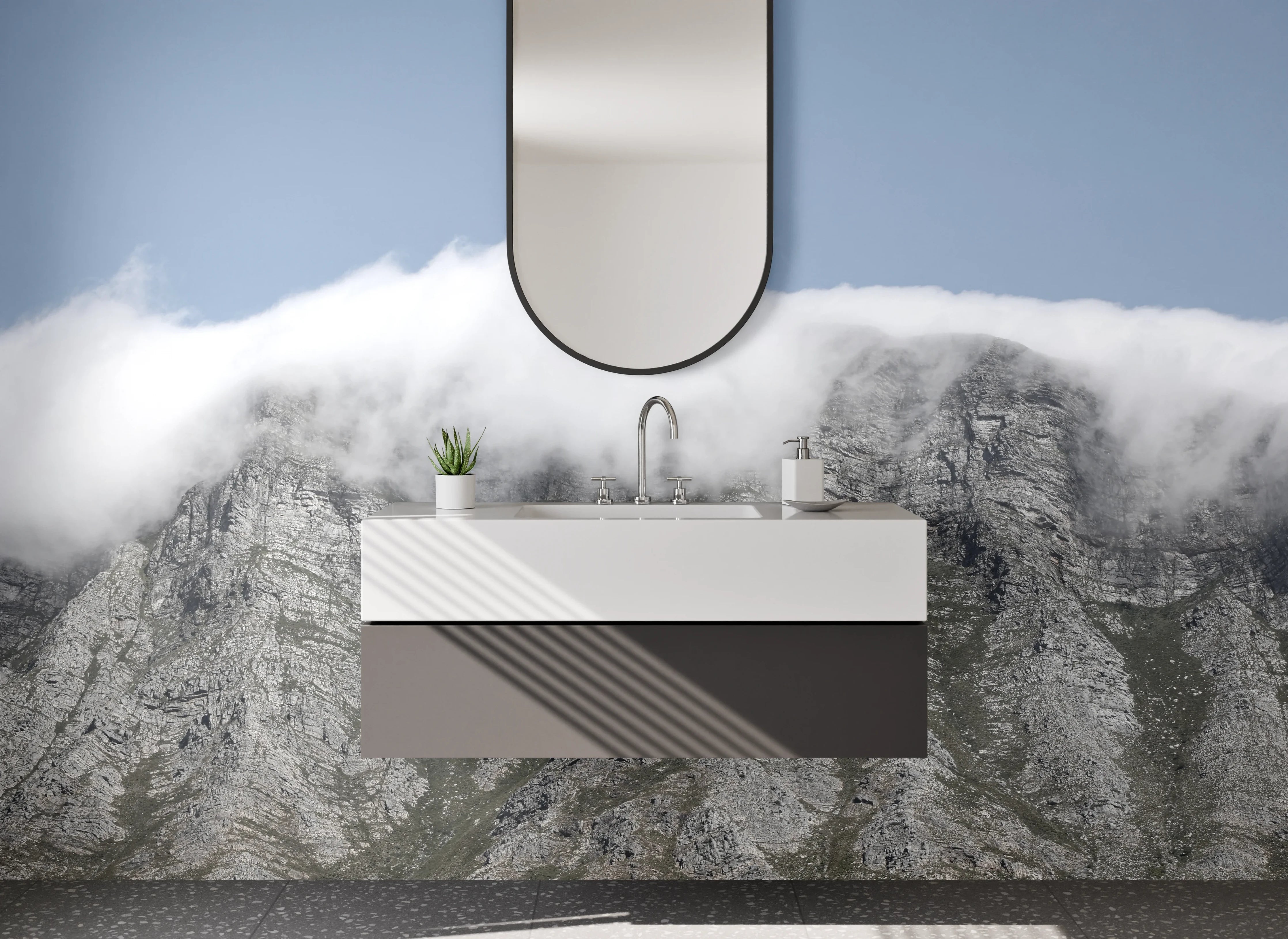 Waschbecken-Rückwand - Berglandschaft mit Wolkendecke