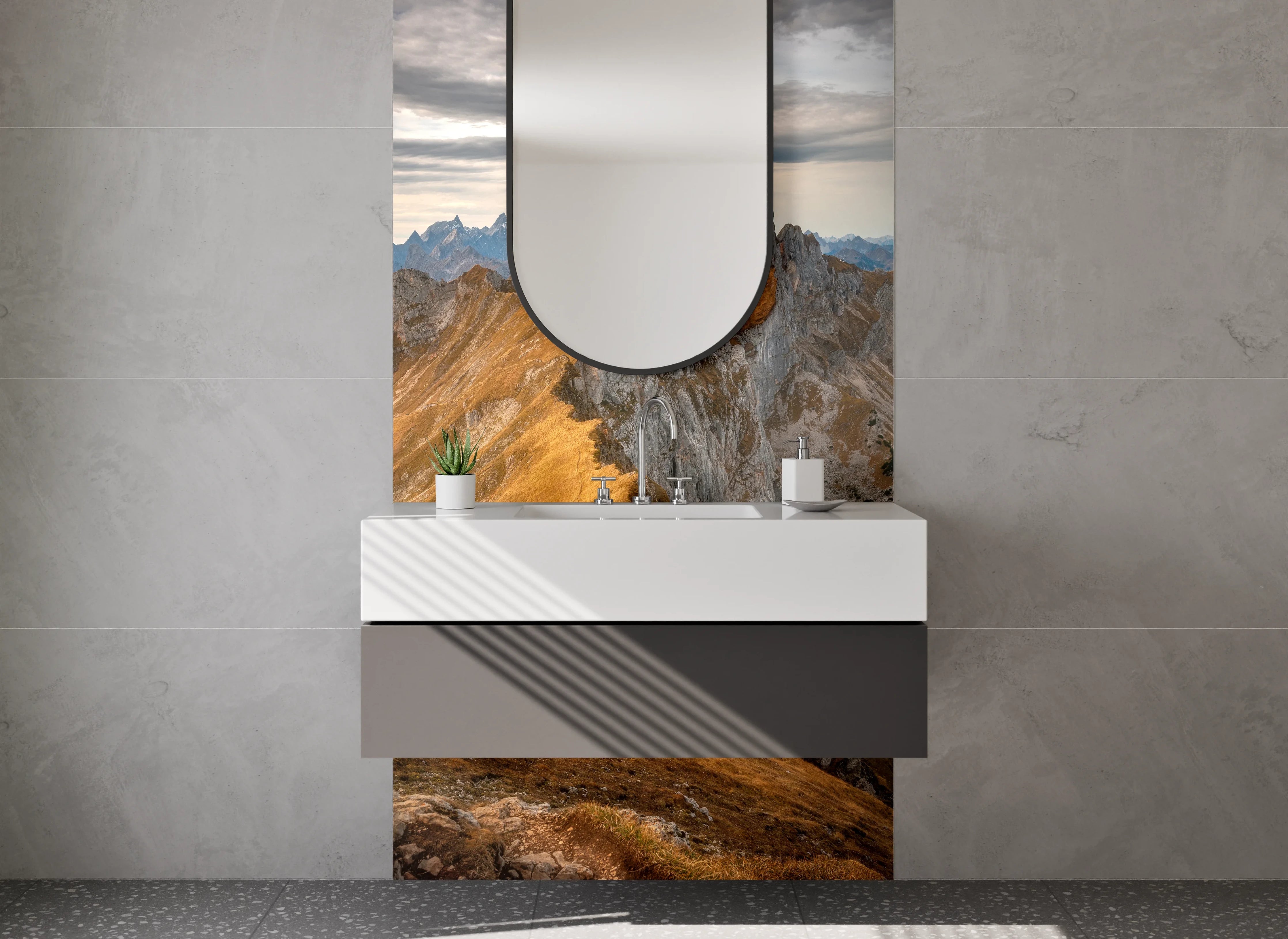 Waschbecken-Rückwand - Berglandschaft mit goldfarbenen Gipfeln