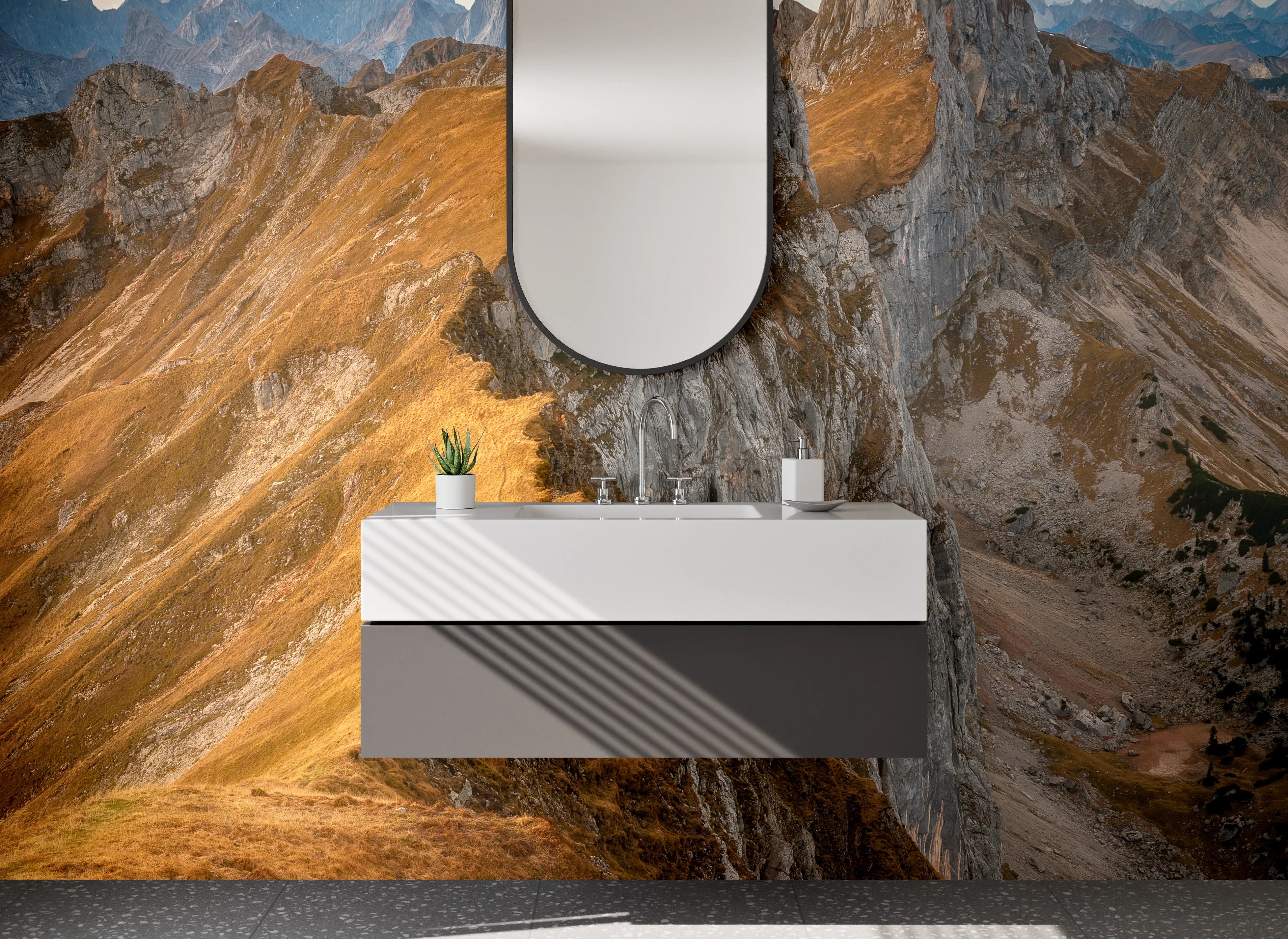 Waschbecken-Rückwand - Berglandschaft mit goldfarbenen Gipfeln