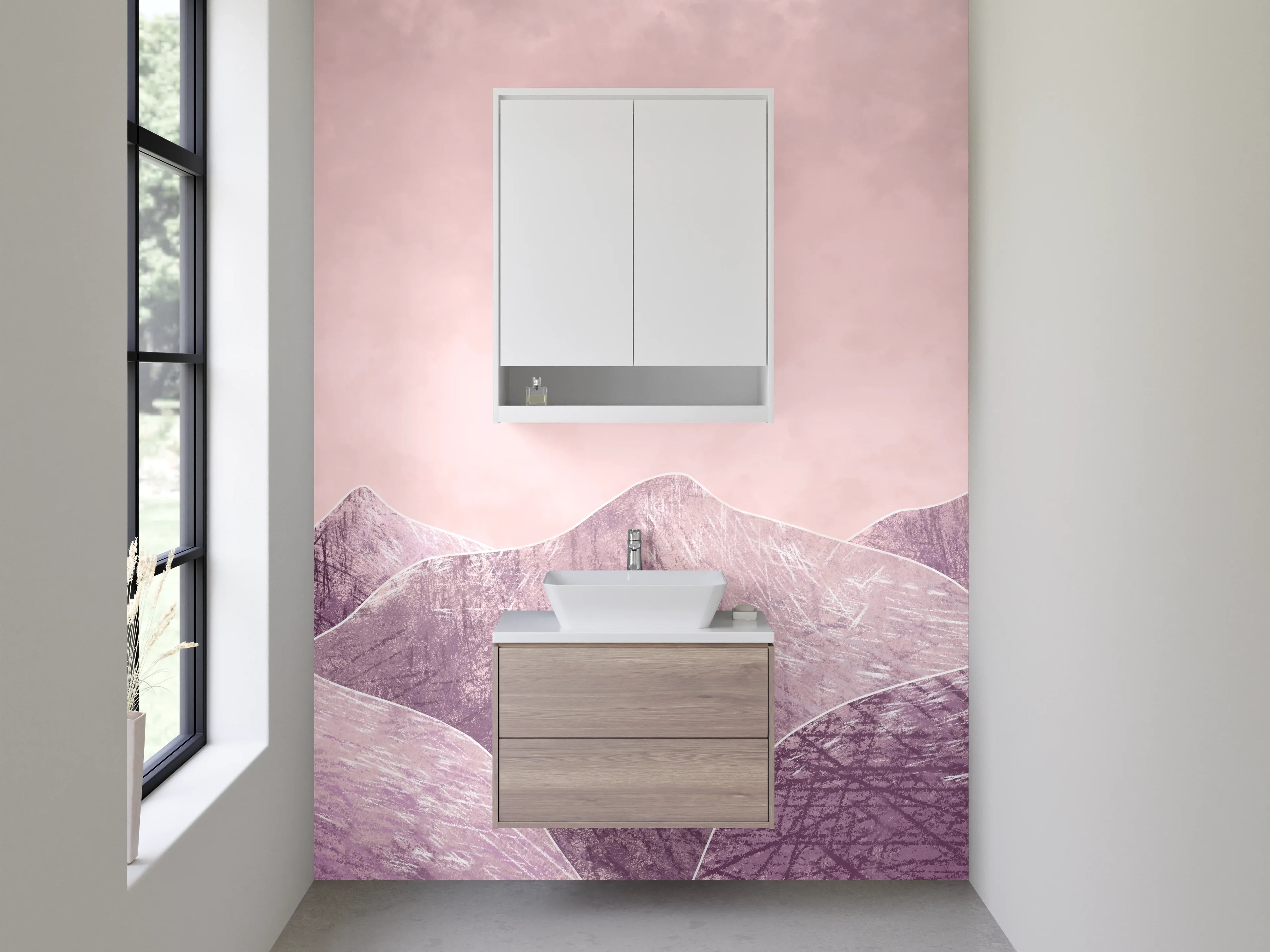 Waschbecken-Rückwand - Berglandschaft mit rosa Himmel