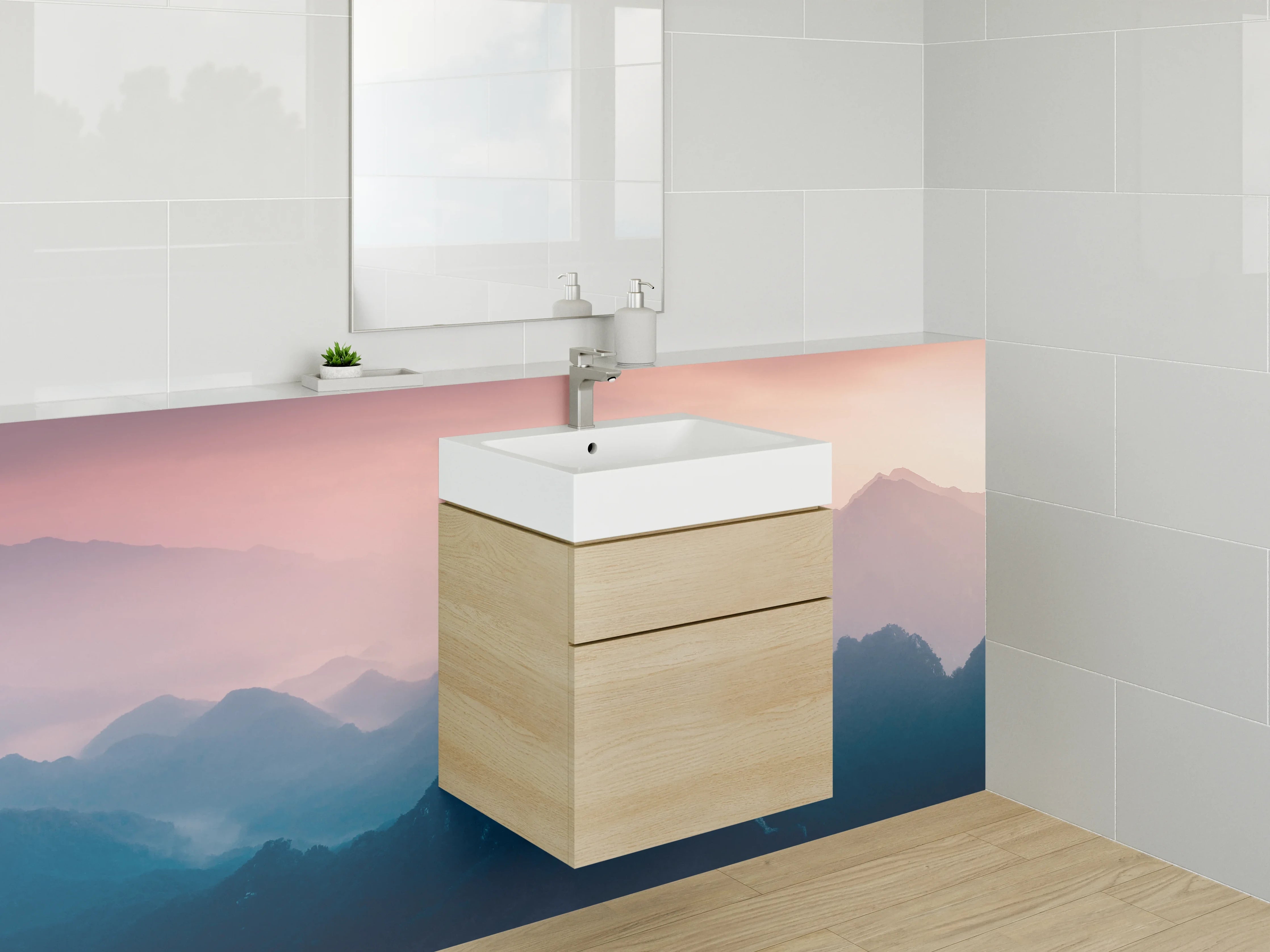 Waschbecken-Rückwand - Bergpanorama im Morgenlicht