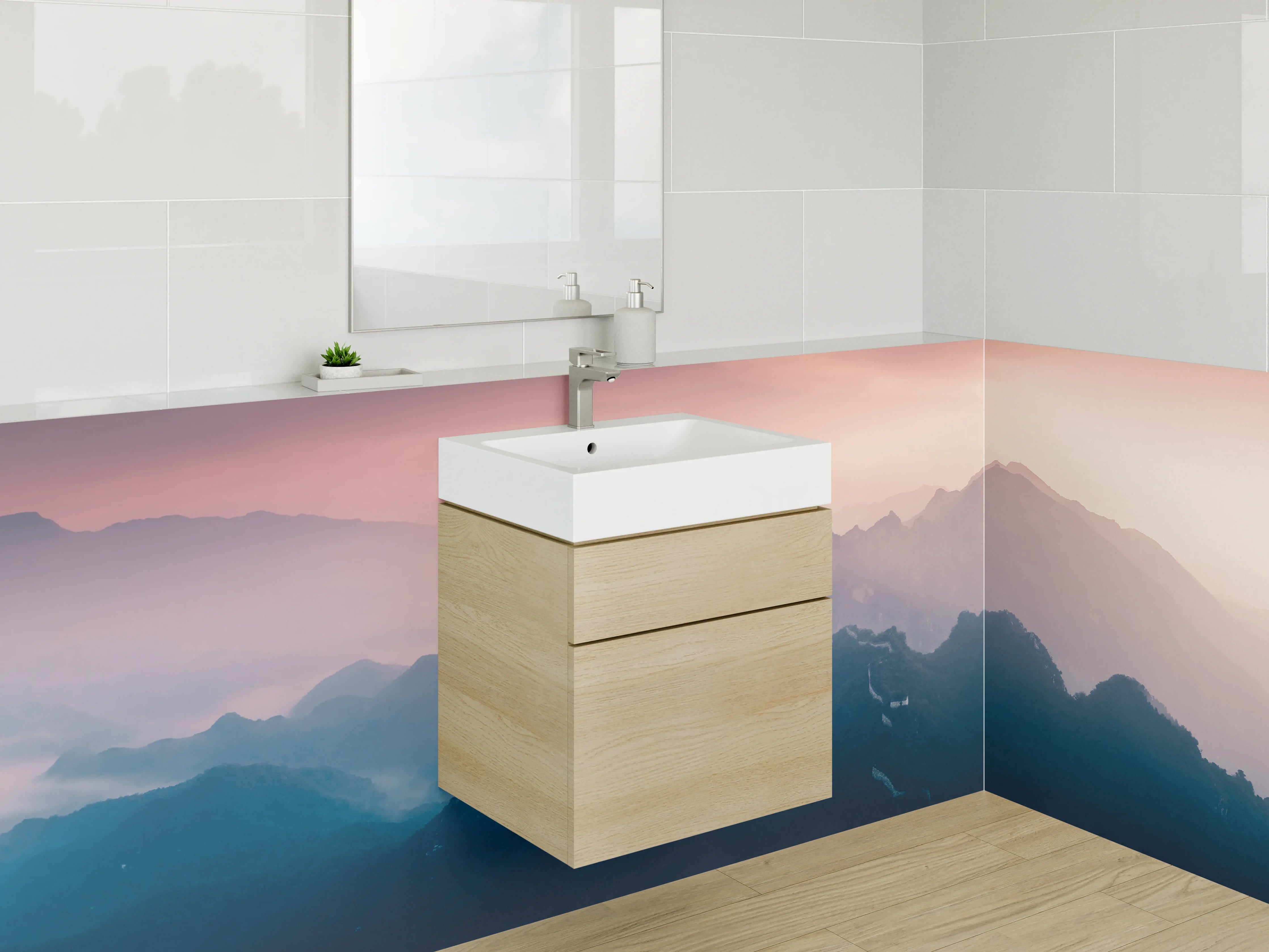 Waschbecken-Rückwand - Bergpanorama im Morgenlicht