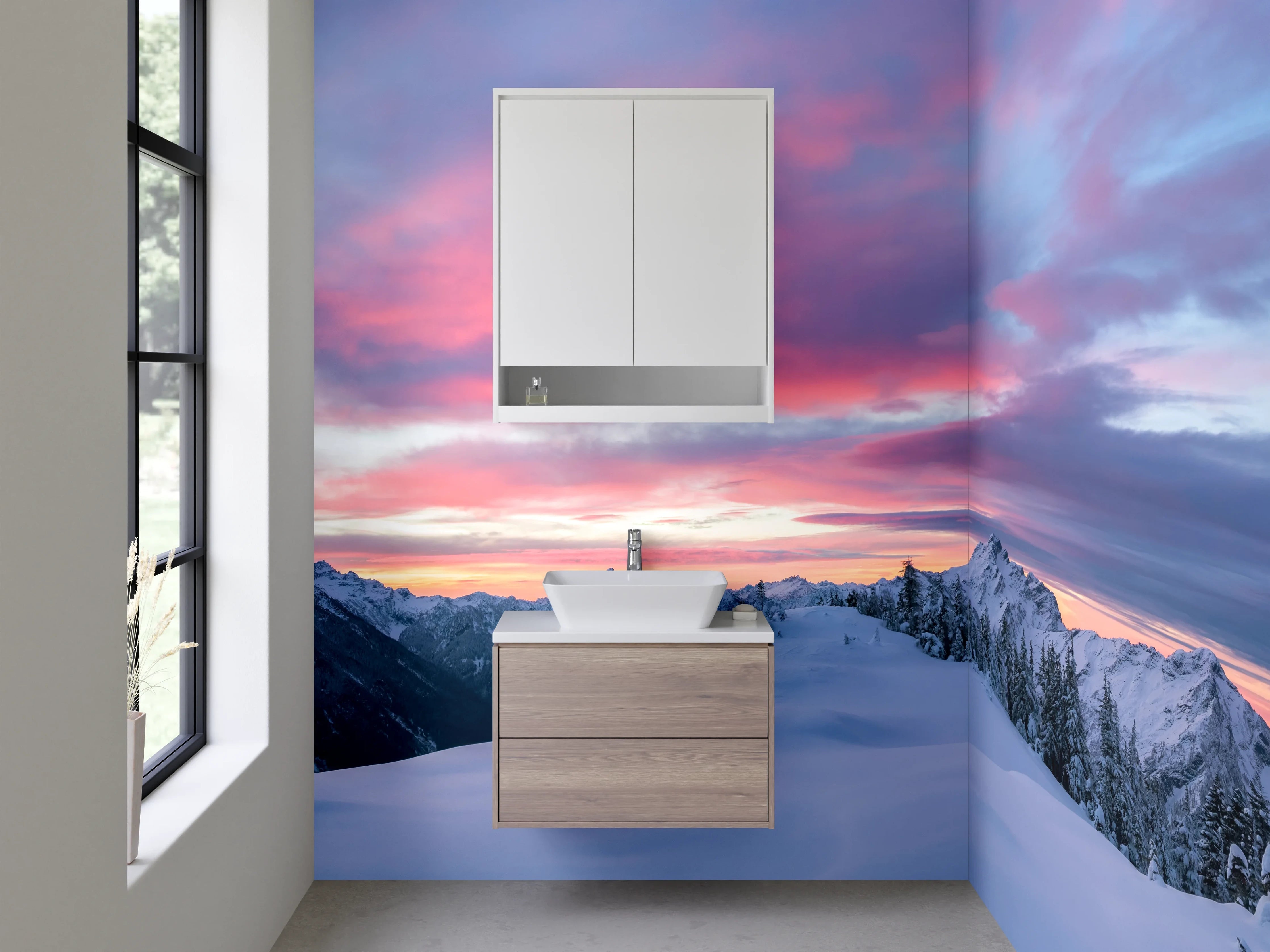 Waschbecken-Rückwand - Bergpanorama im Winter mit Sonnenuntergang