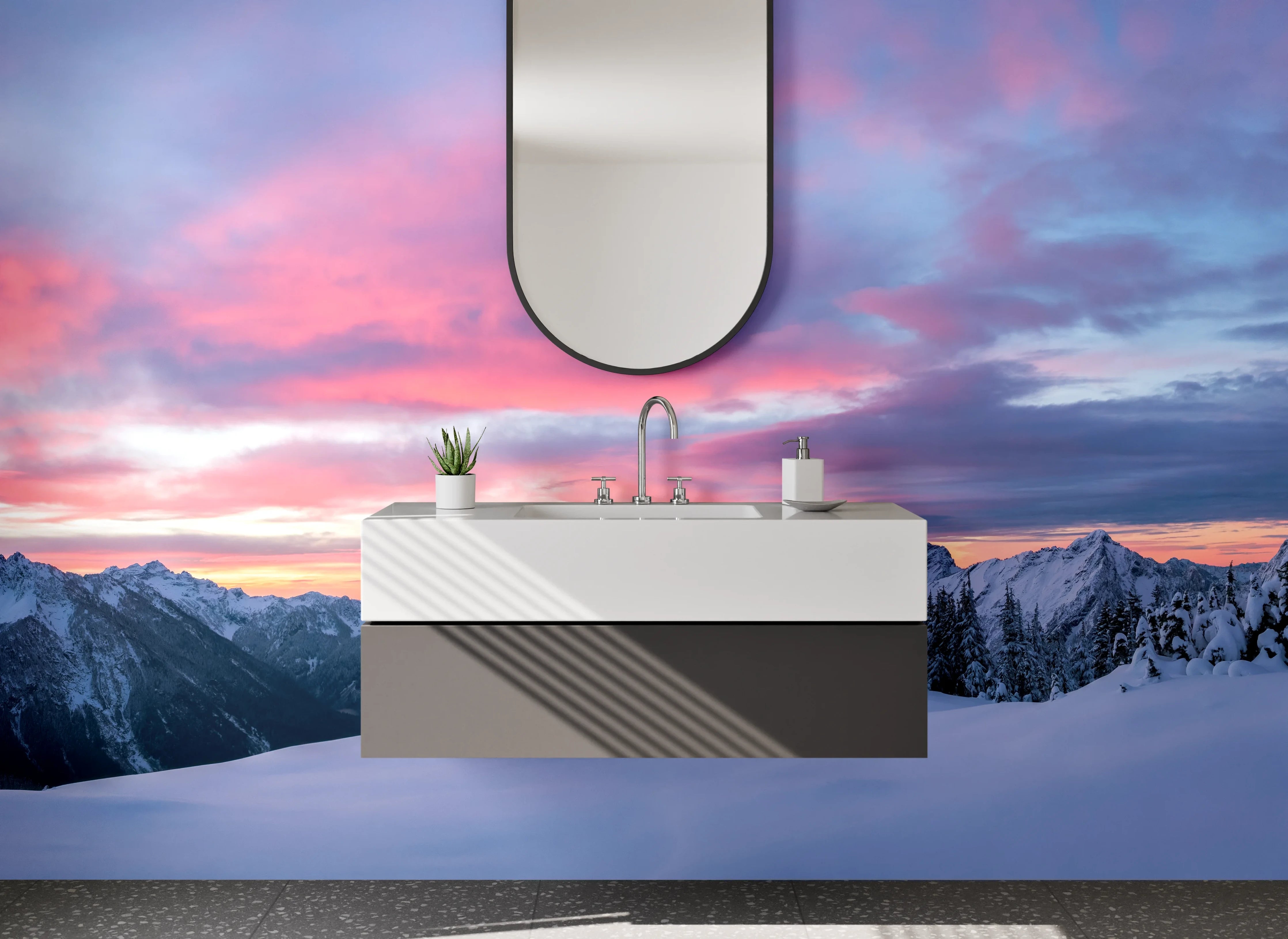 Waschbecken-Rückwand - Bergpanorama im Winter mit Sonnenuntergang