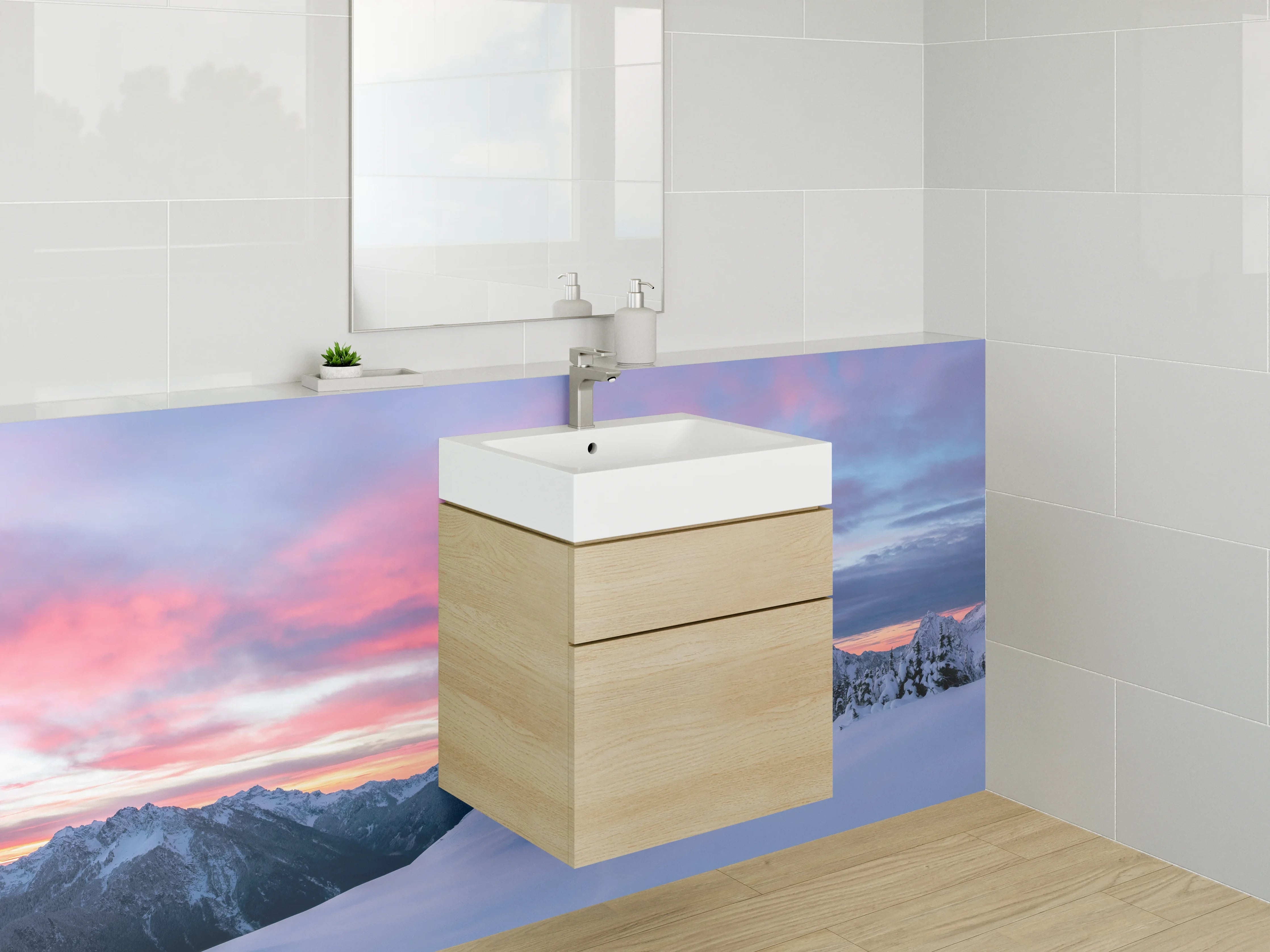 Waschbecken-Rückwand - Bergpanorama im Winter mit Sonnenuntergang