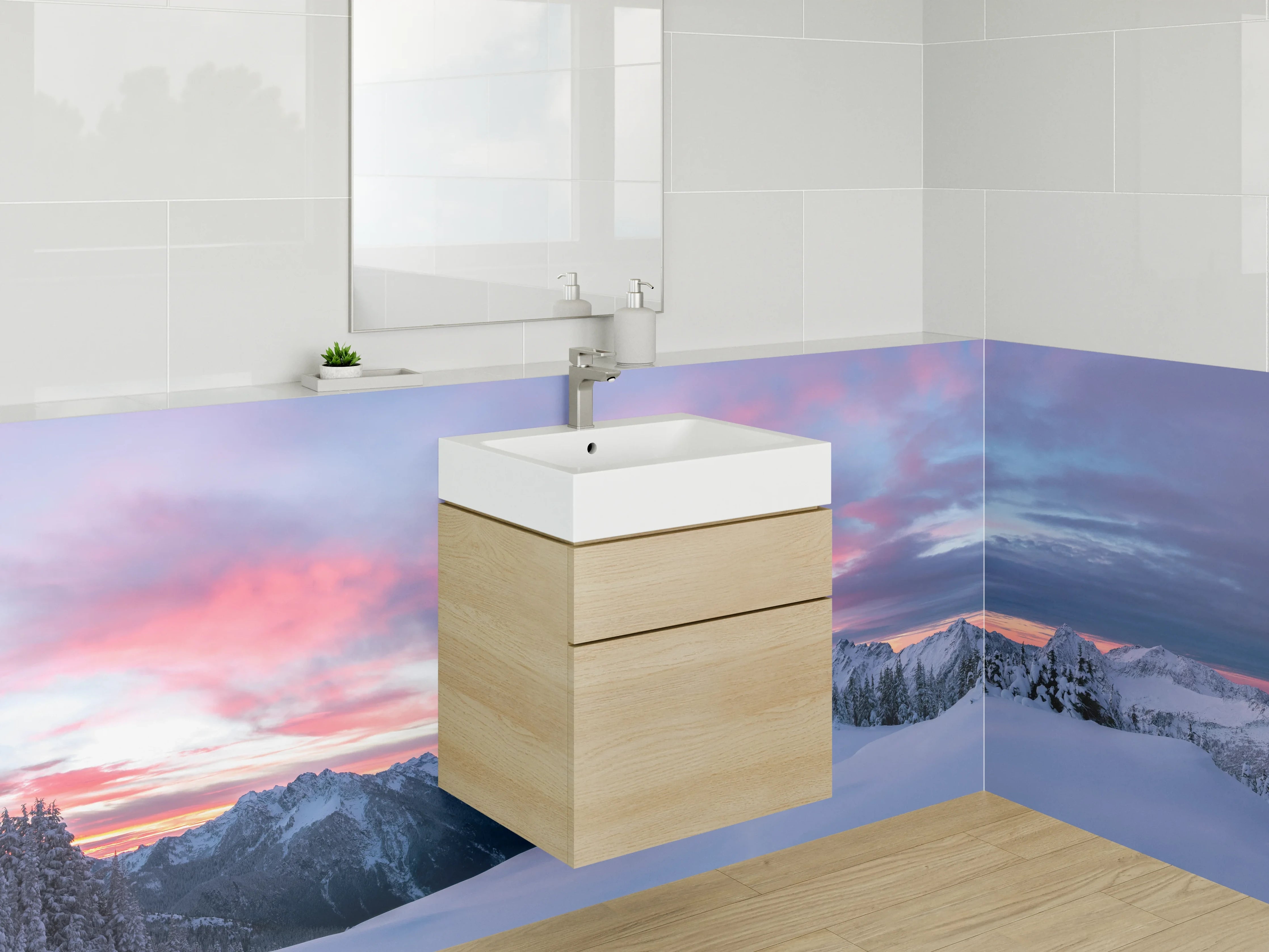 Waschbecken-Rückwand - Bergpanorama im Winter mit Sonnenuntergang