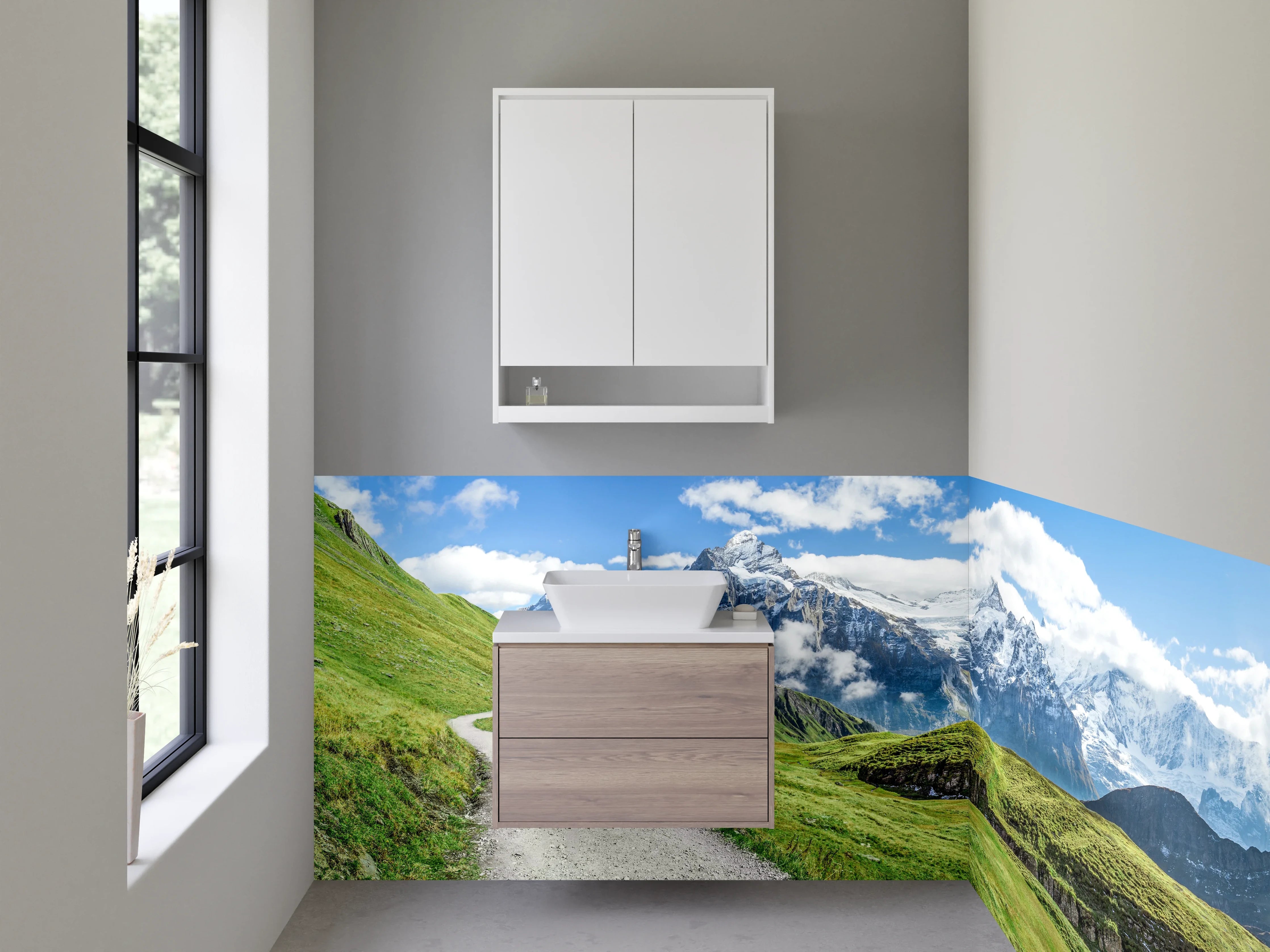 Waschbecken-Rückwand - Bergpanorama mit grünen Wiesen und Schnee-Gipfeln