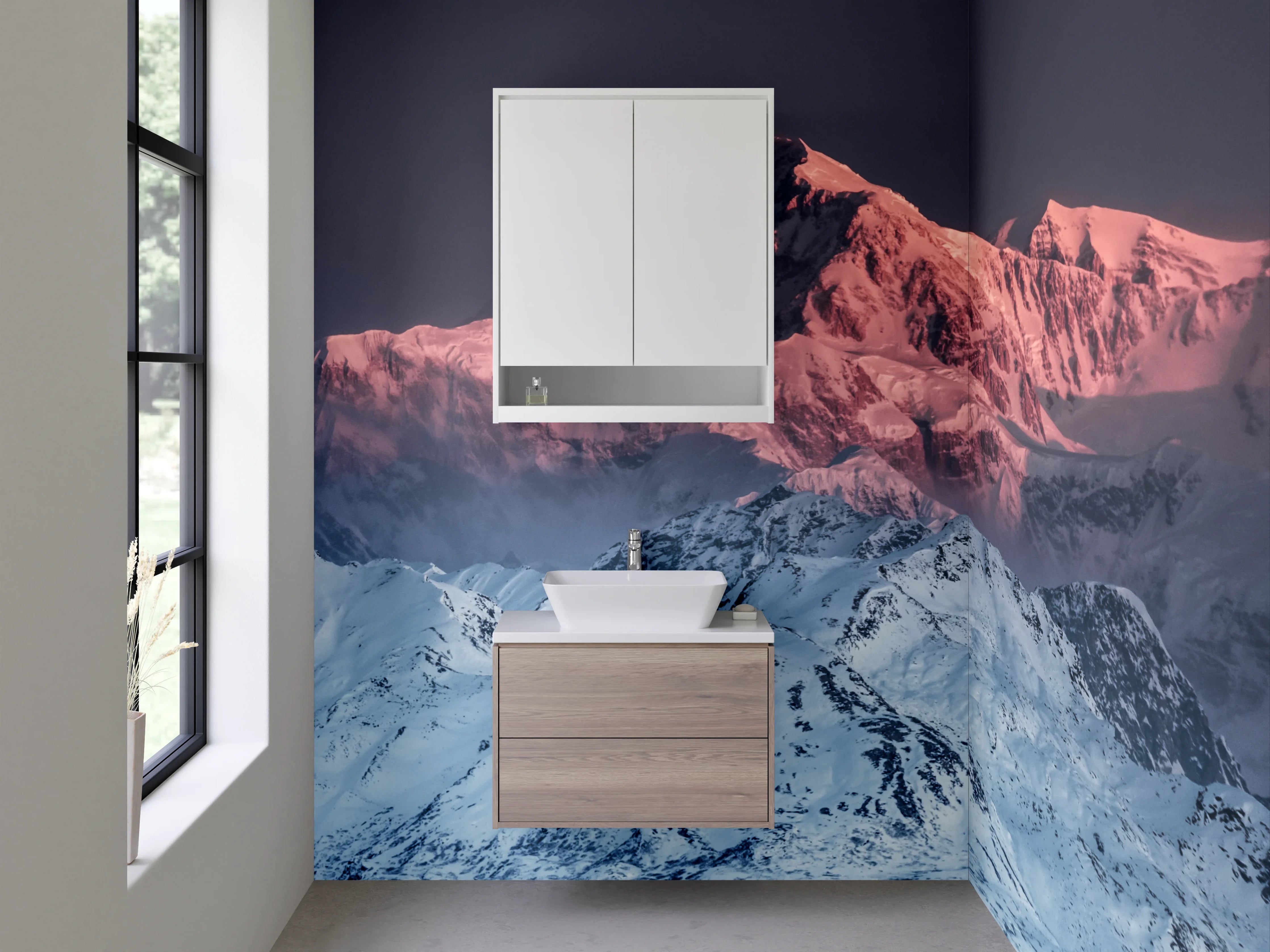 Waschbecken-Rückwand - Bergpfad im Schnee bei Sonnenuntergang