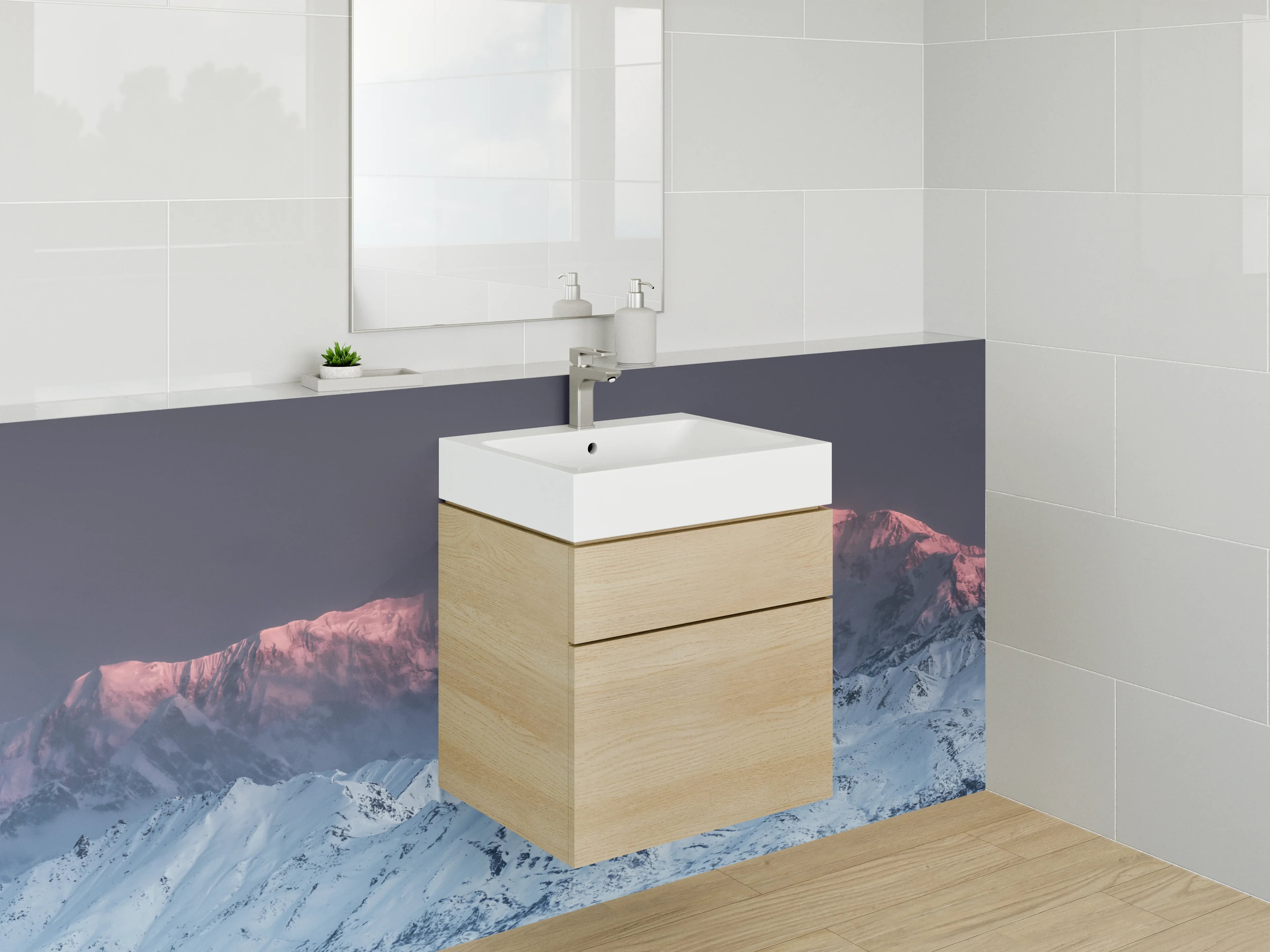 Waschbecken-Rückwand - Bergpfad im Schnee bei Sonnenuntergang