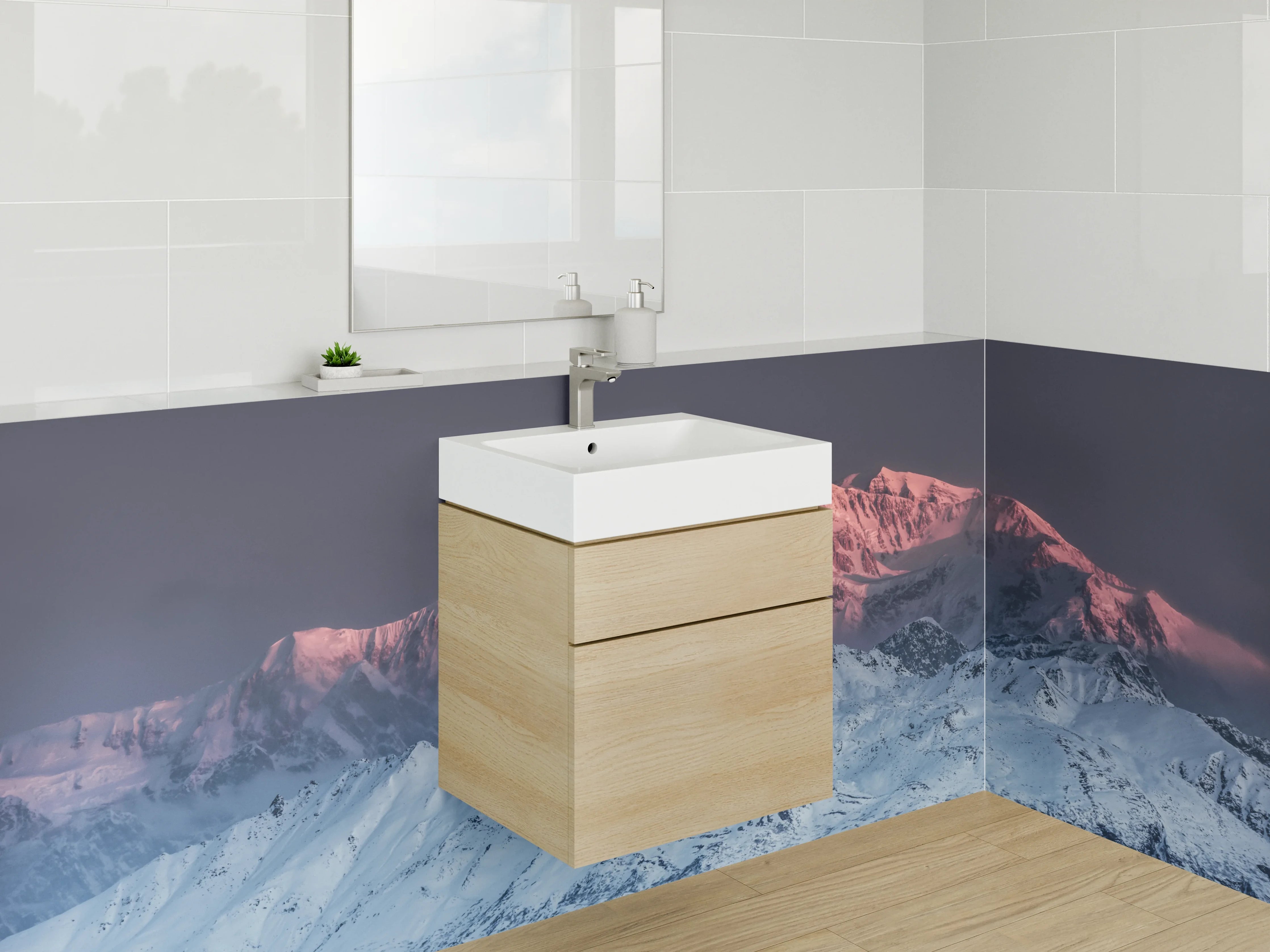 Waschbecken-Rückwand - Bergpfad im Schnee bei Sonnenuntergang