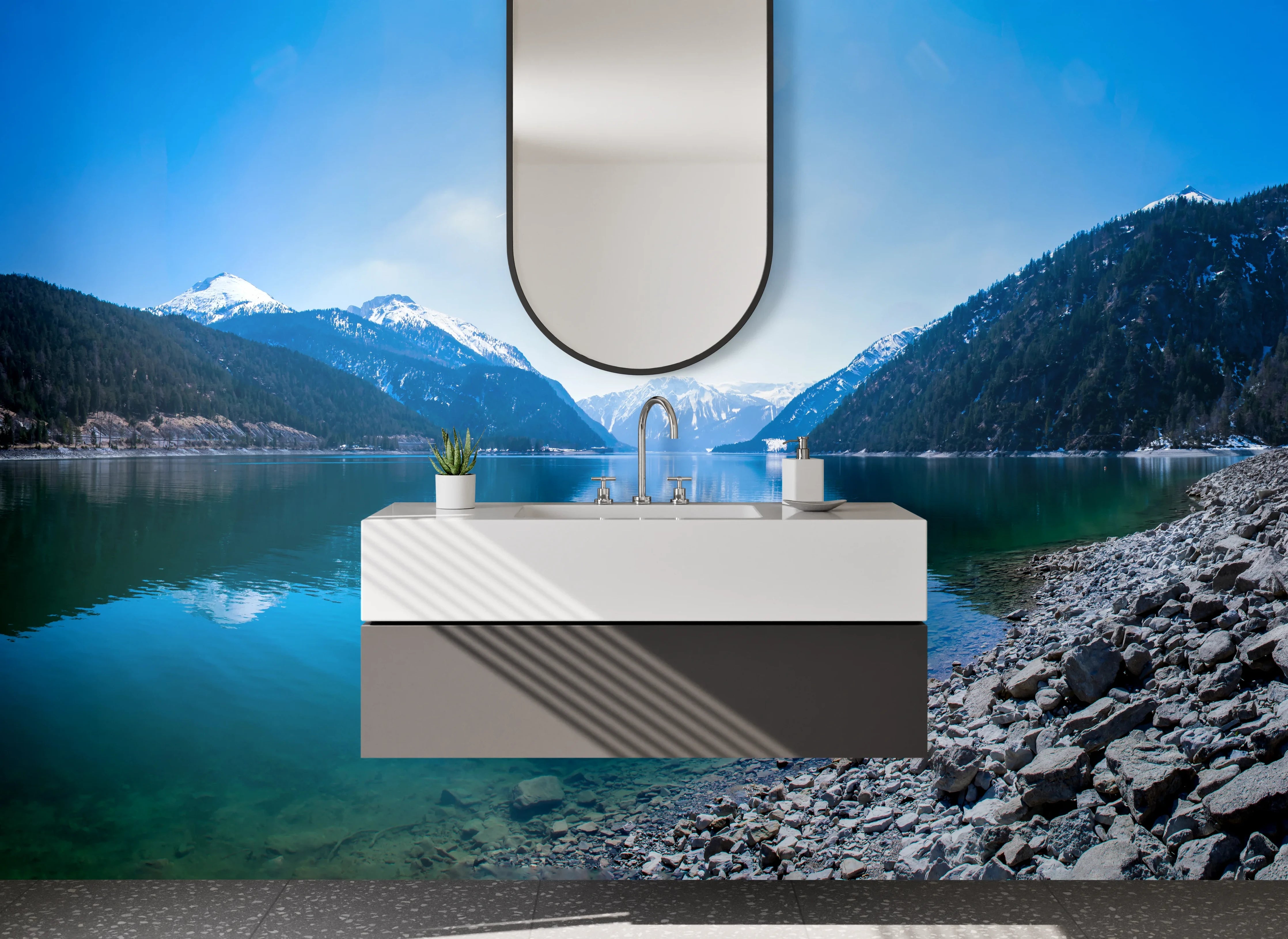 Waschbecken-Rückwand - Bergsee Panorama Natur Fototapete