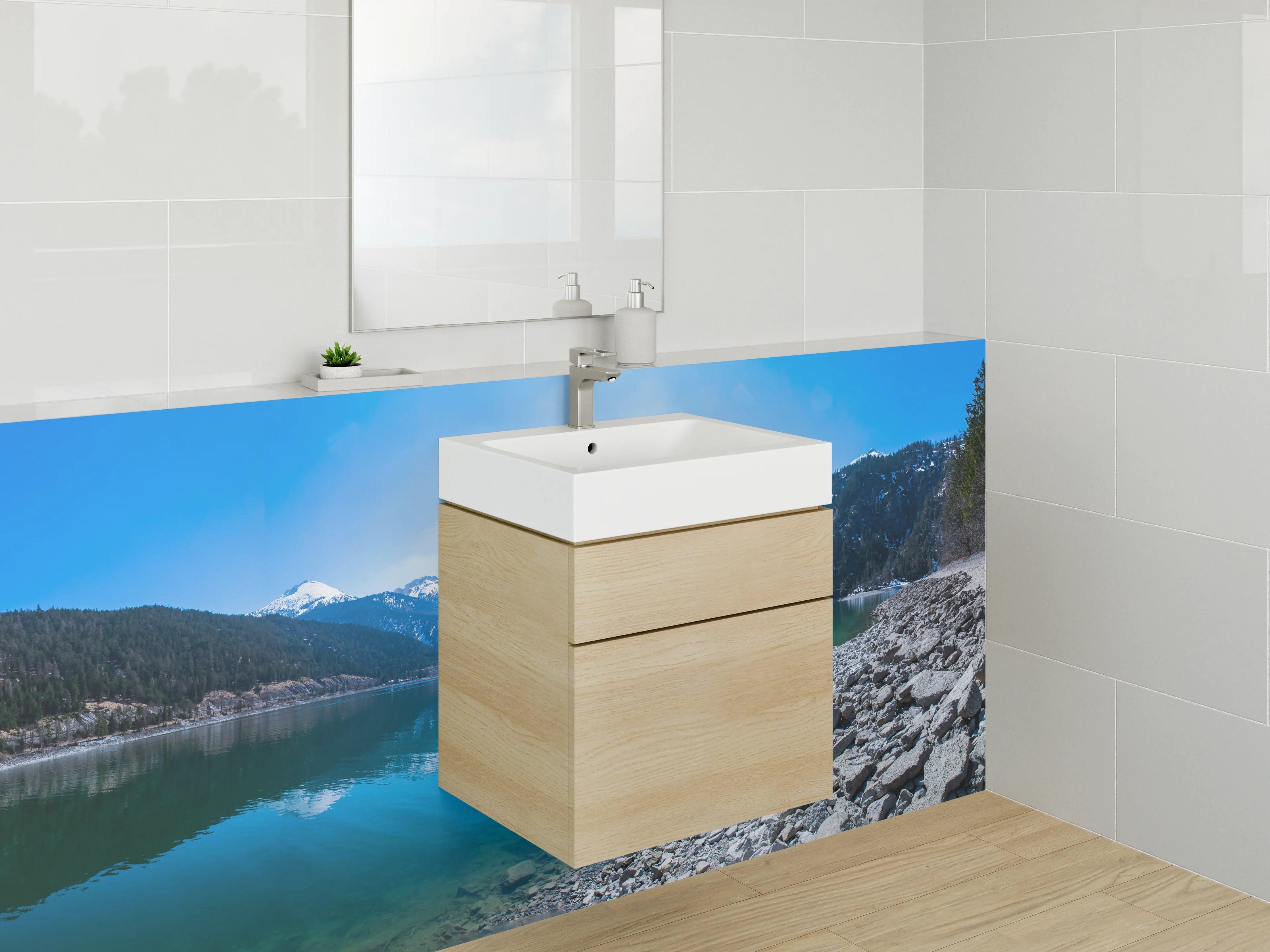 Waschbecken-Rückwand - Bergsee Panorama Natur Fototapete