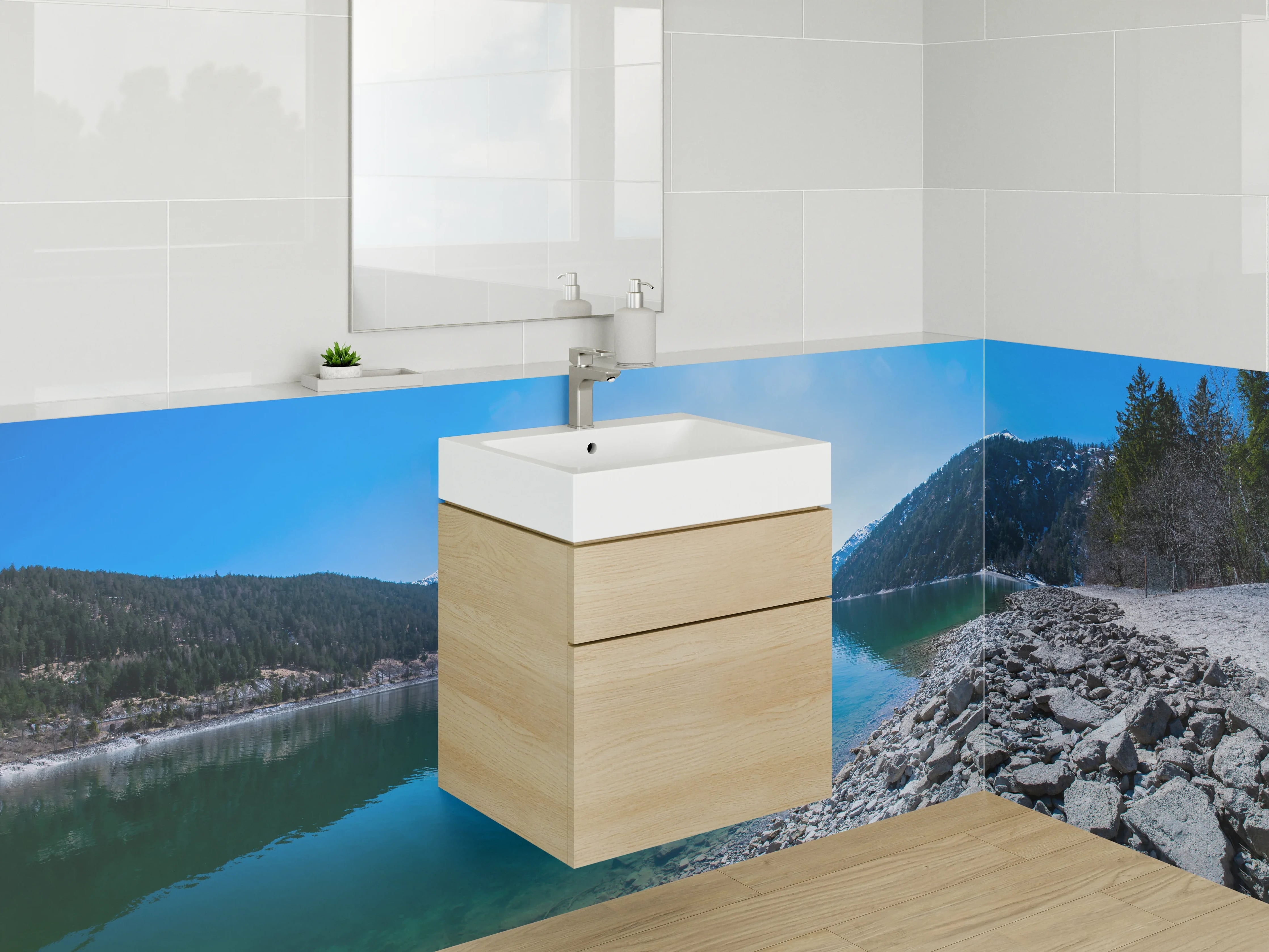 Waschbecken-Rückwand - Bergsee Panorama Natur Fototapete