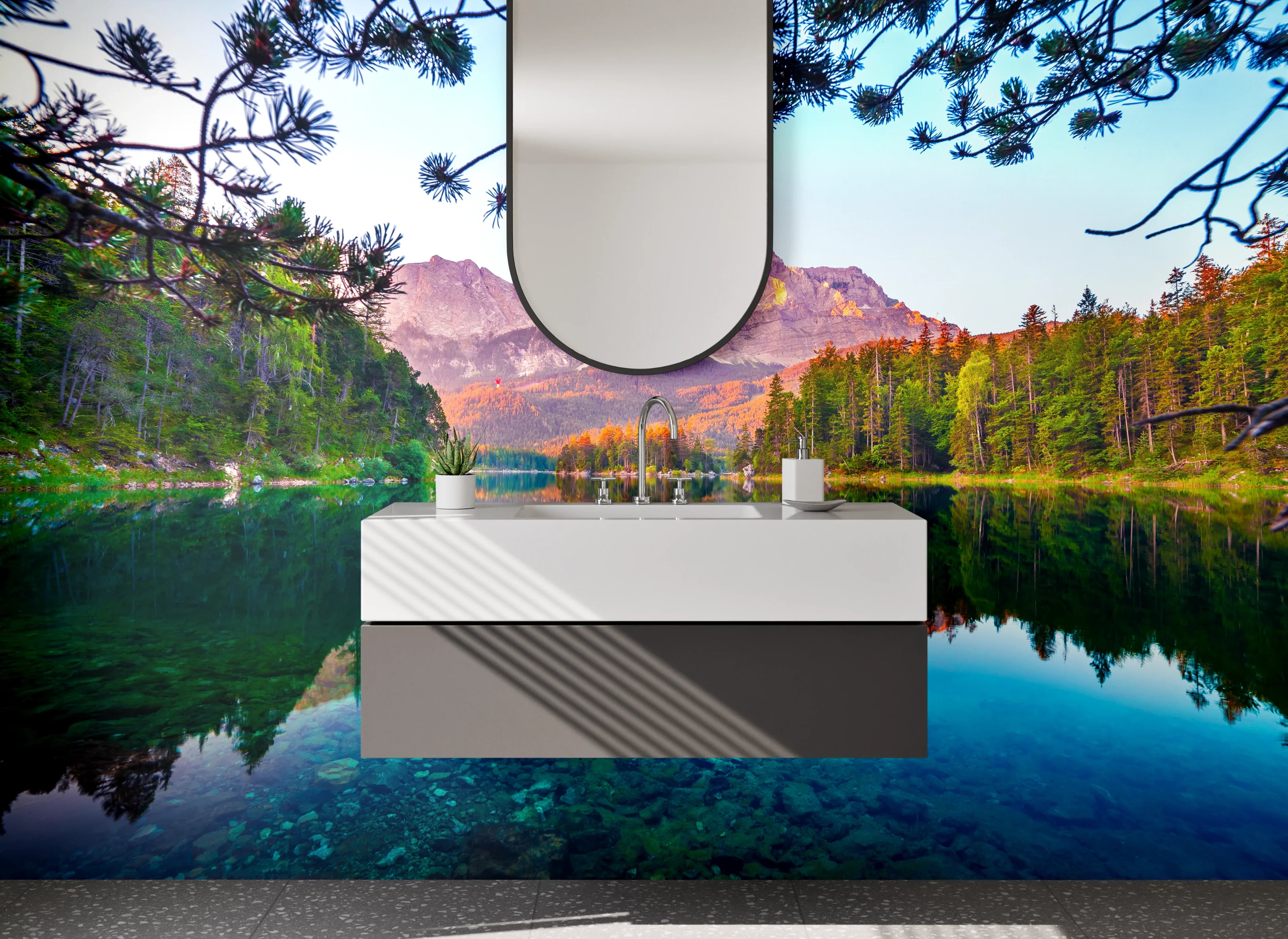 Waschbecken-Rückwand - Bergsee Panorama Natur Landschaft