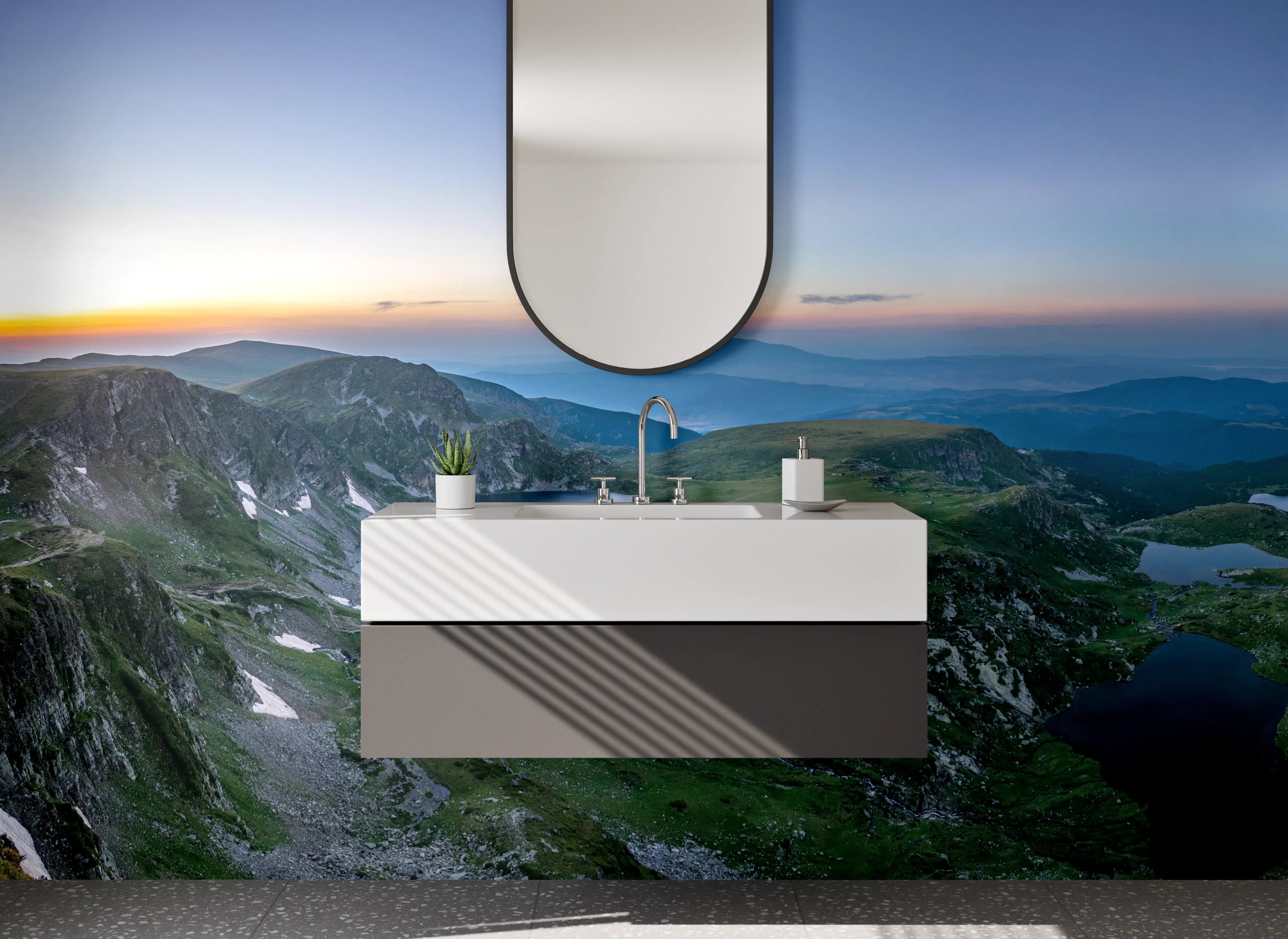 Waschbecken-Rückwand - Bergsee bei Sonnenuntergang mit Gipfeln und Wolken