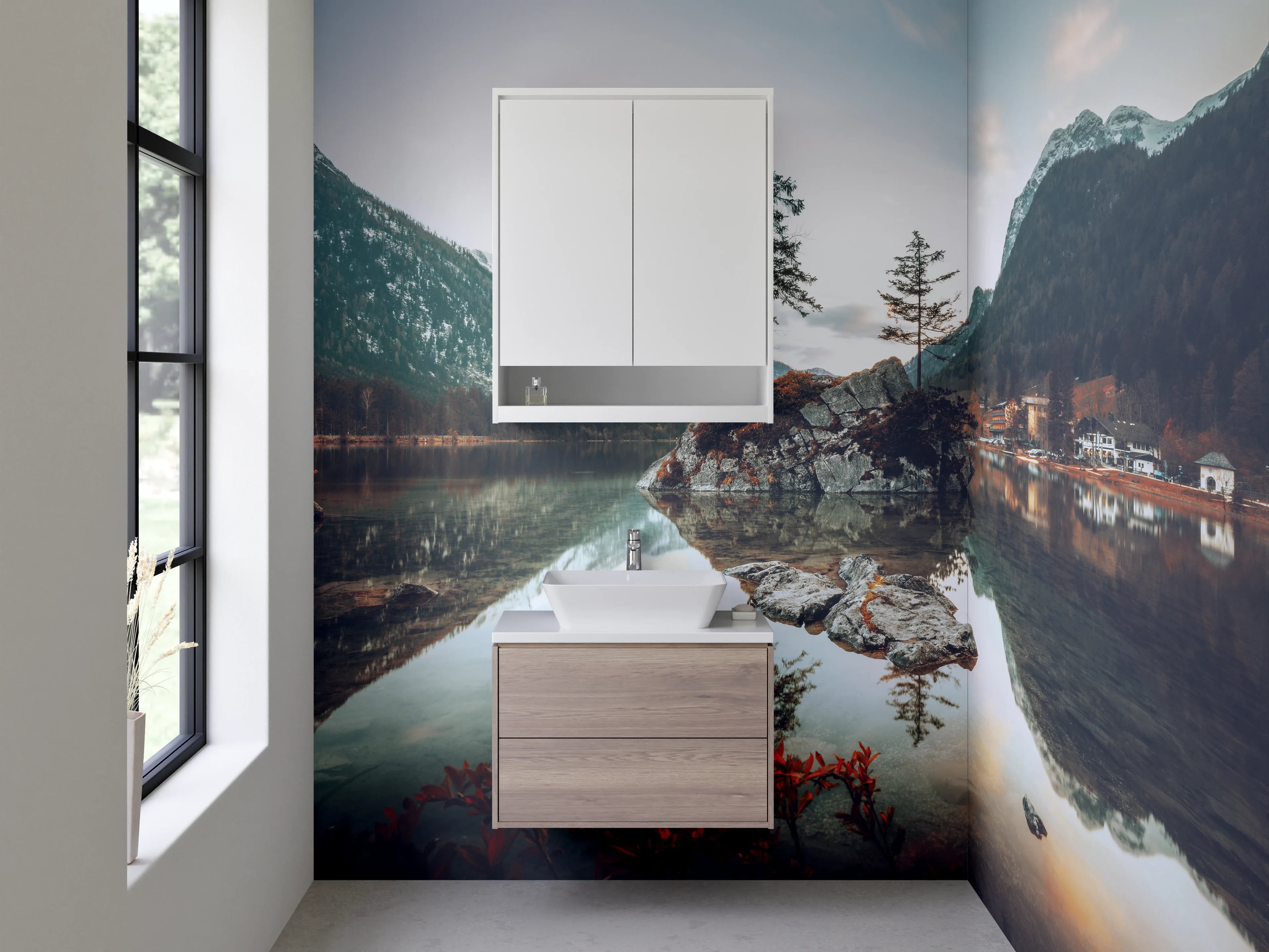 Waschbecken-Rückwand - Bergsee in den Bergen mit ruhigem Wasser und umgebender Natur