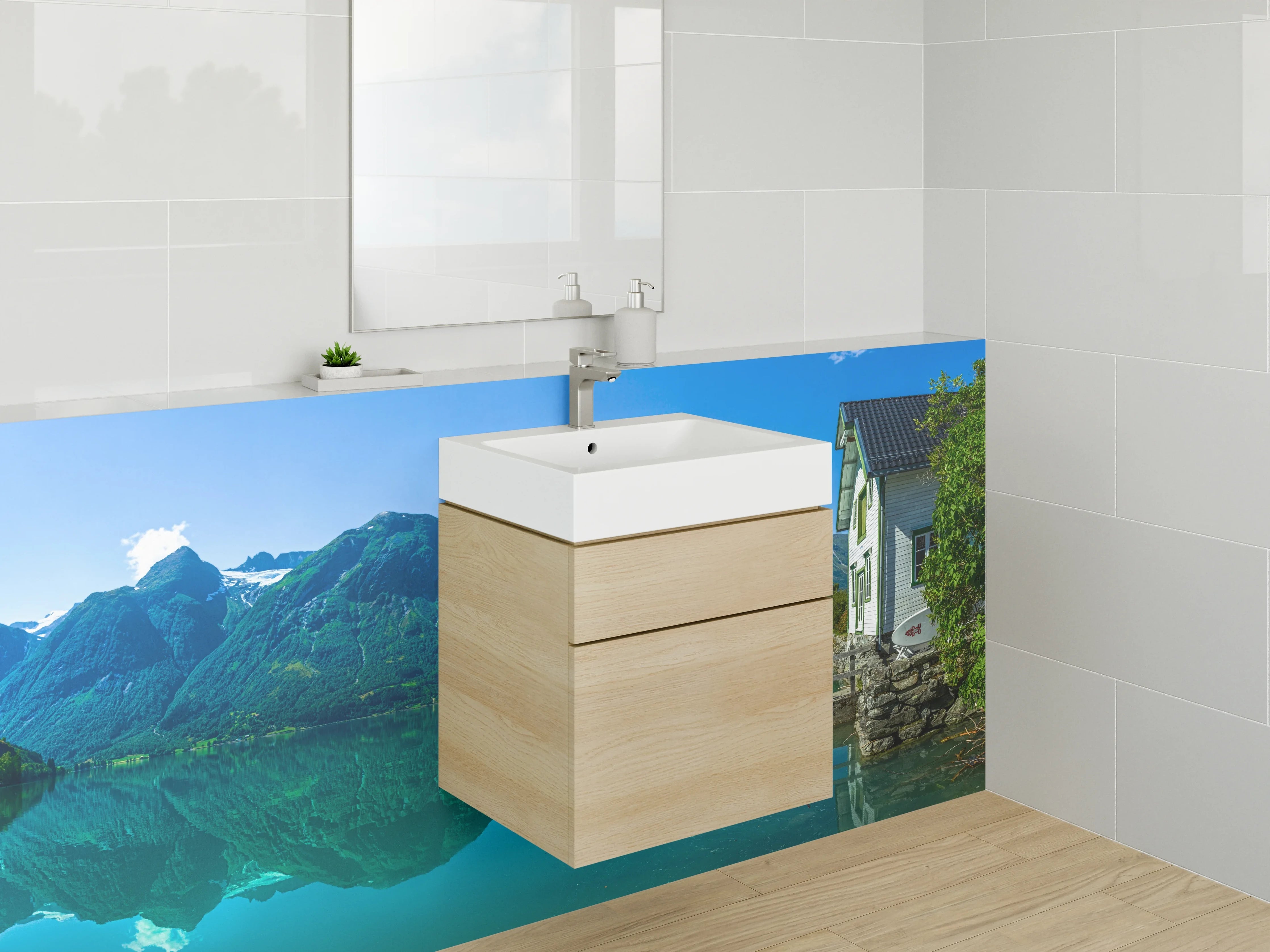 Waschbecken-Rückwand - Bergsee mit Haus und Booten in Norwegen
