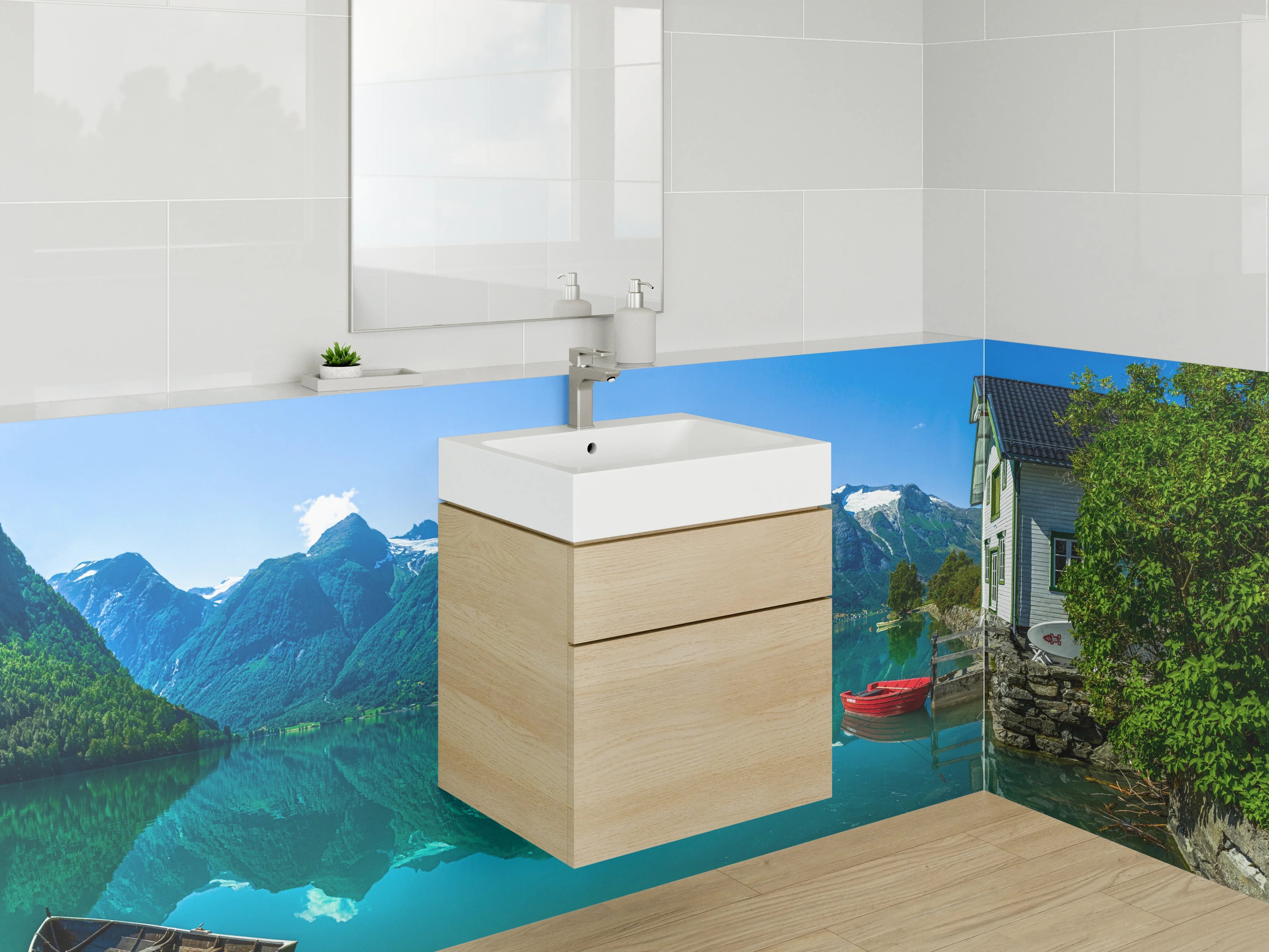 Waschbecken-Rückwand - Bergsee mit Haus und Booten in Norwegen