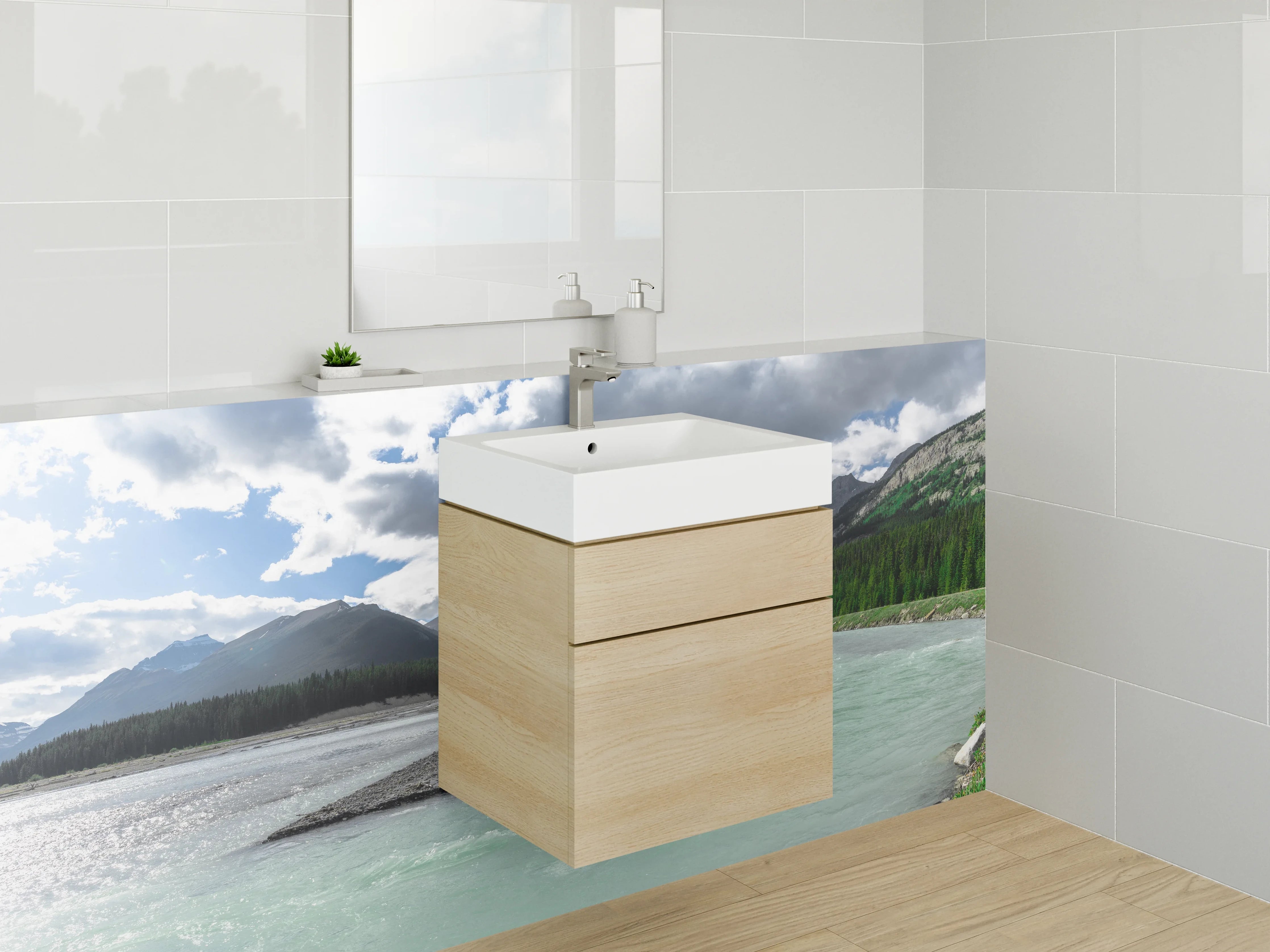 Waschbecken-Rückwand - Bergsee mit Wolken und grünen Hängen