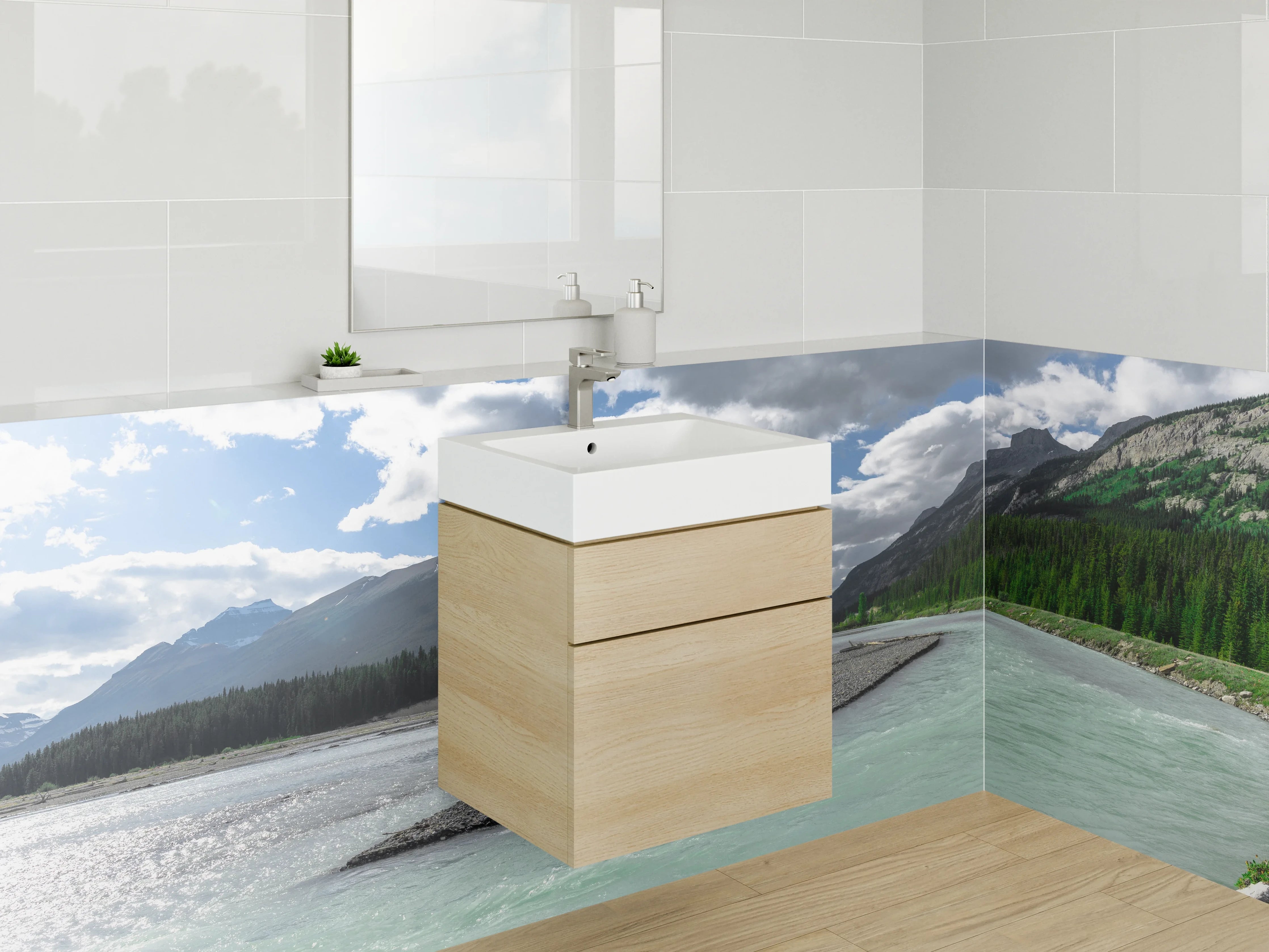 Waschbecken-Rückwand - Bergsee mit Wolken und grünen Hängen