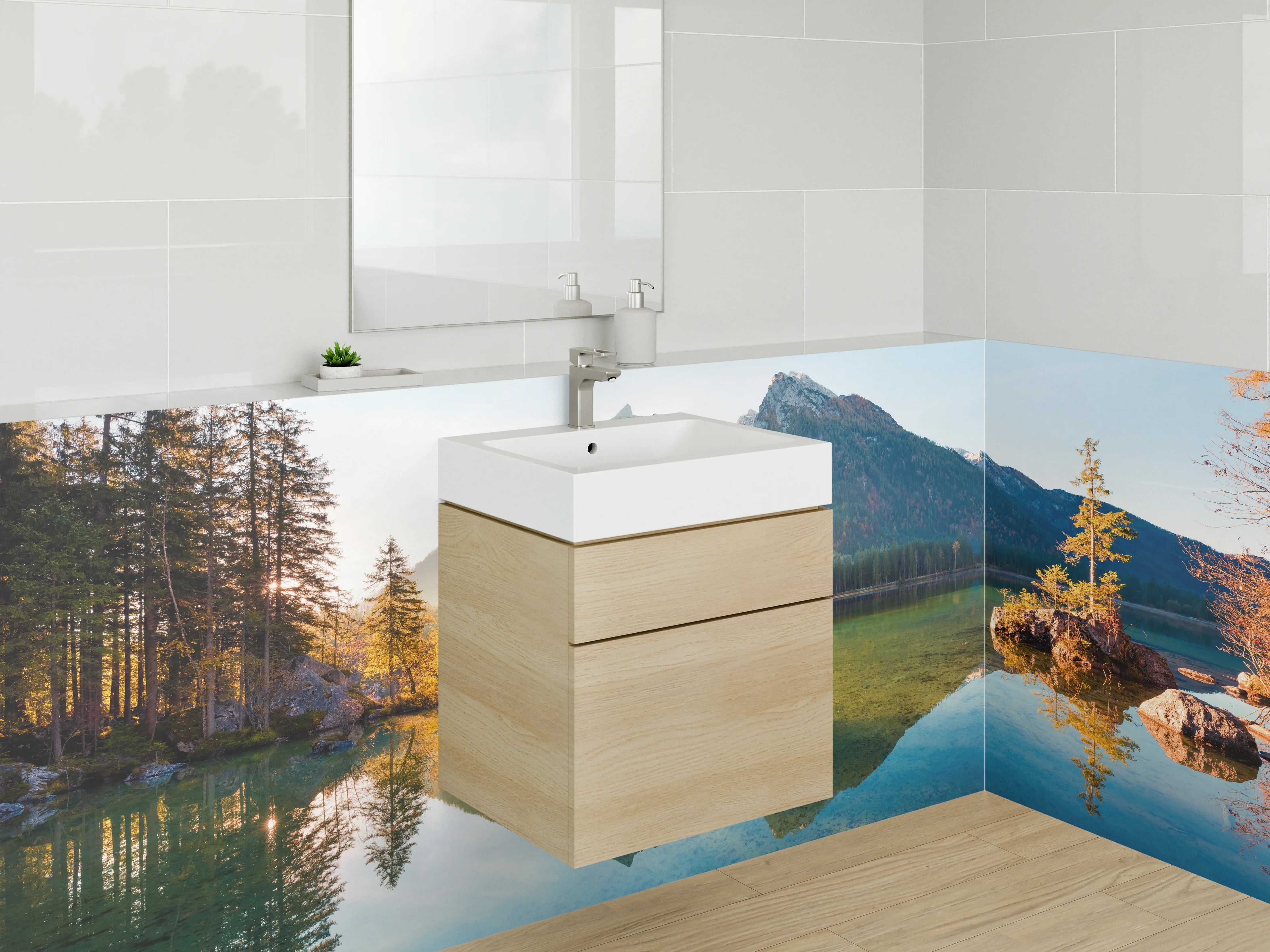Waschbecken-Rückwand - Bergsee mit reflektierenden Gipfeln