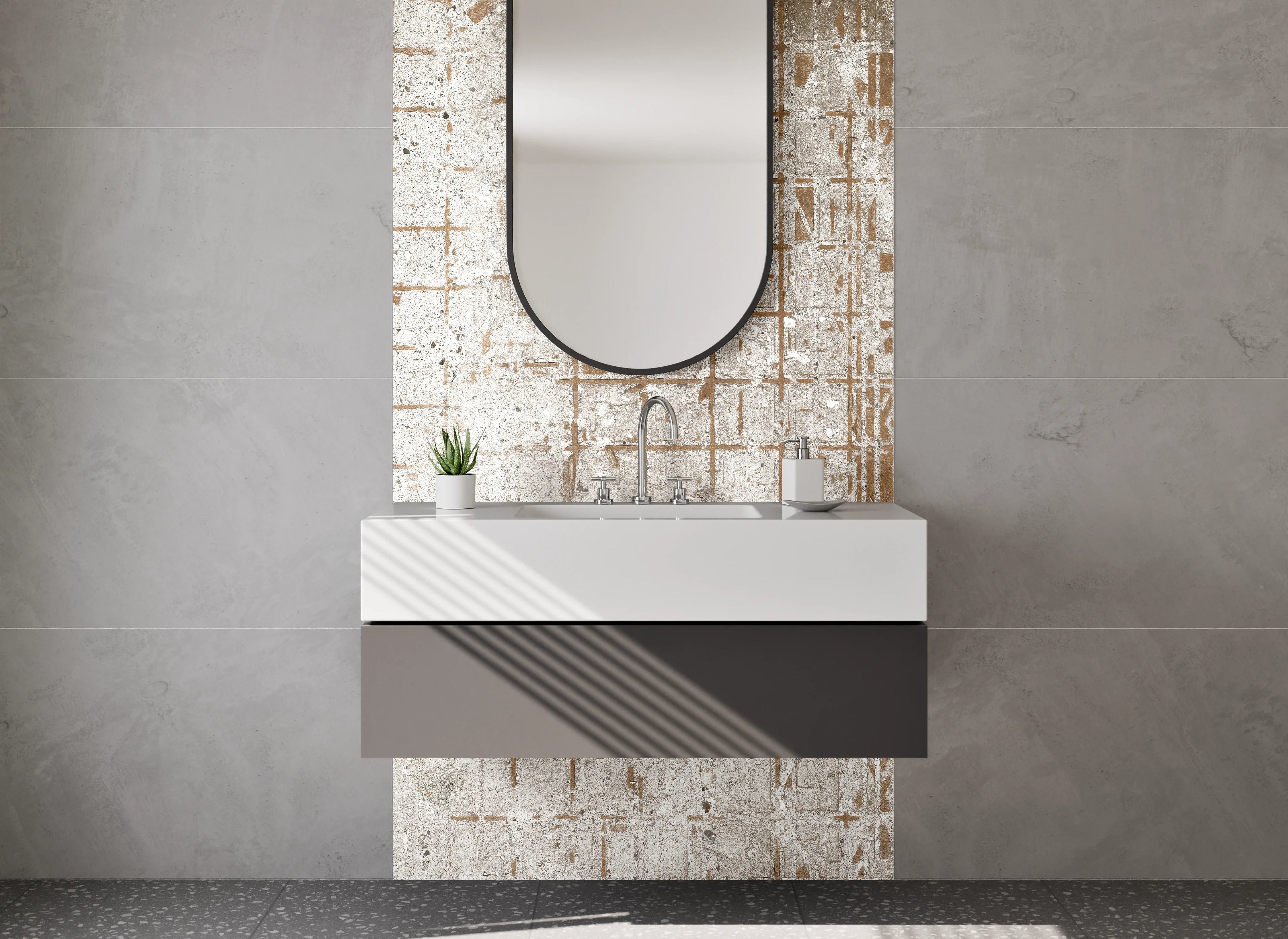 Waschbecken-Rückwand - Beton Vintage Fliesenoptik Weiß Grau Beige