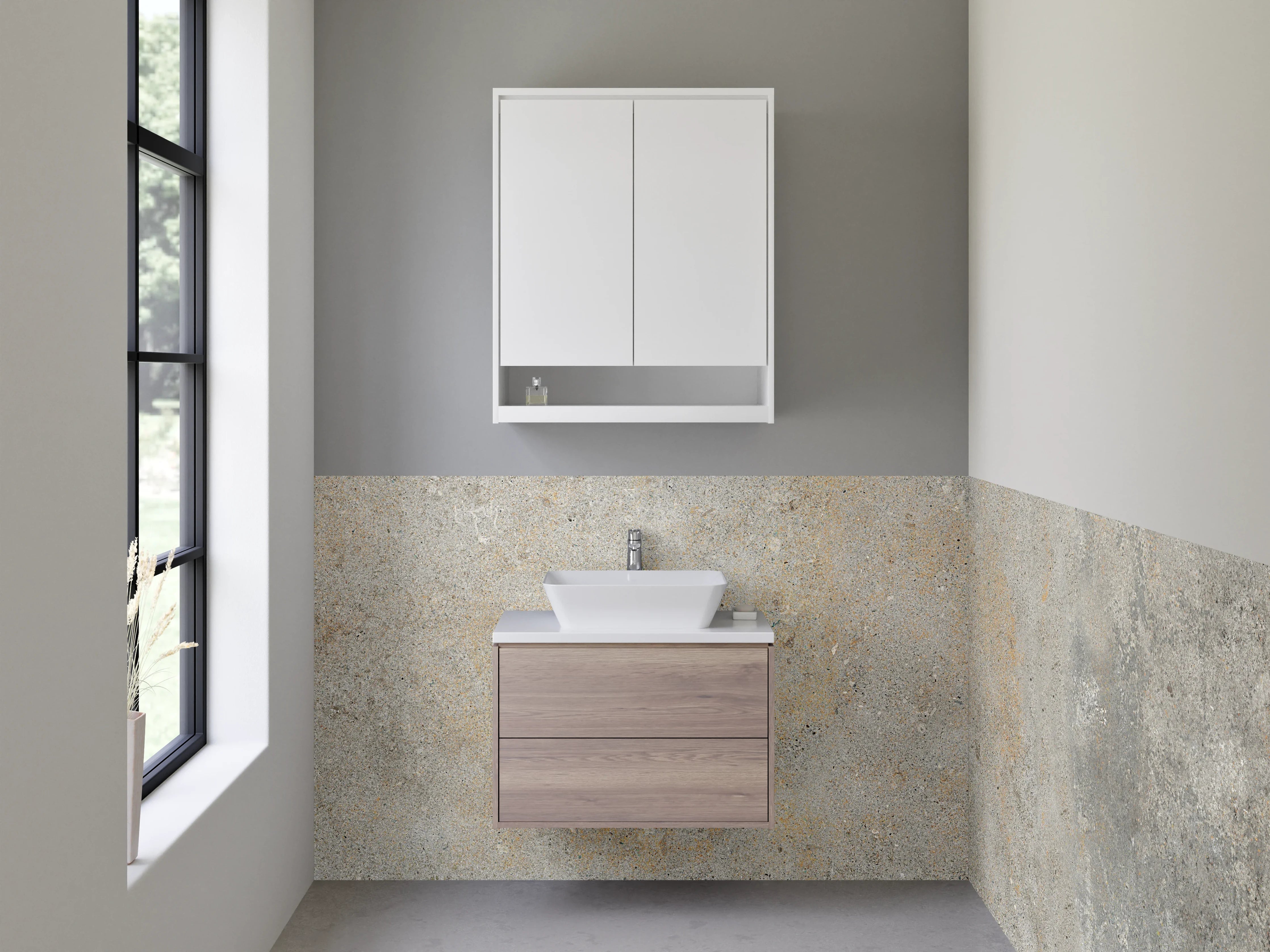 Waschbecken-Rückwand - Betonoptik in Grau mit pastellfarbenen Akzenten