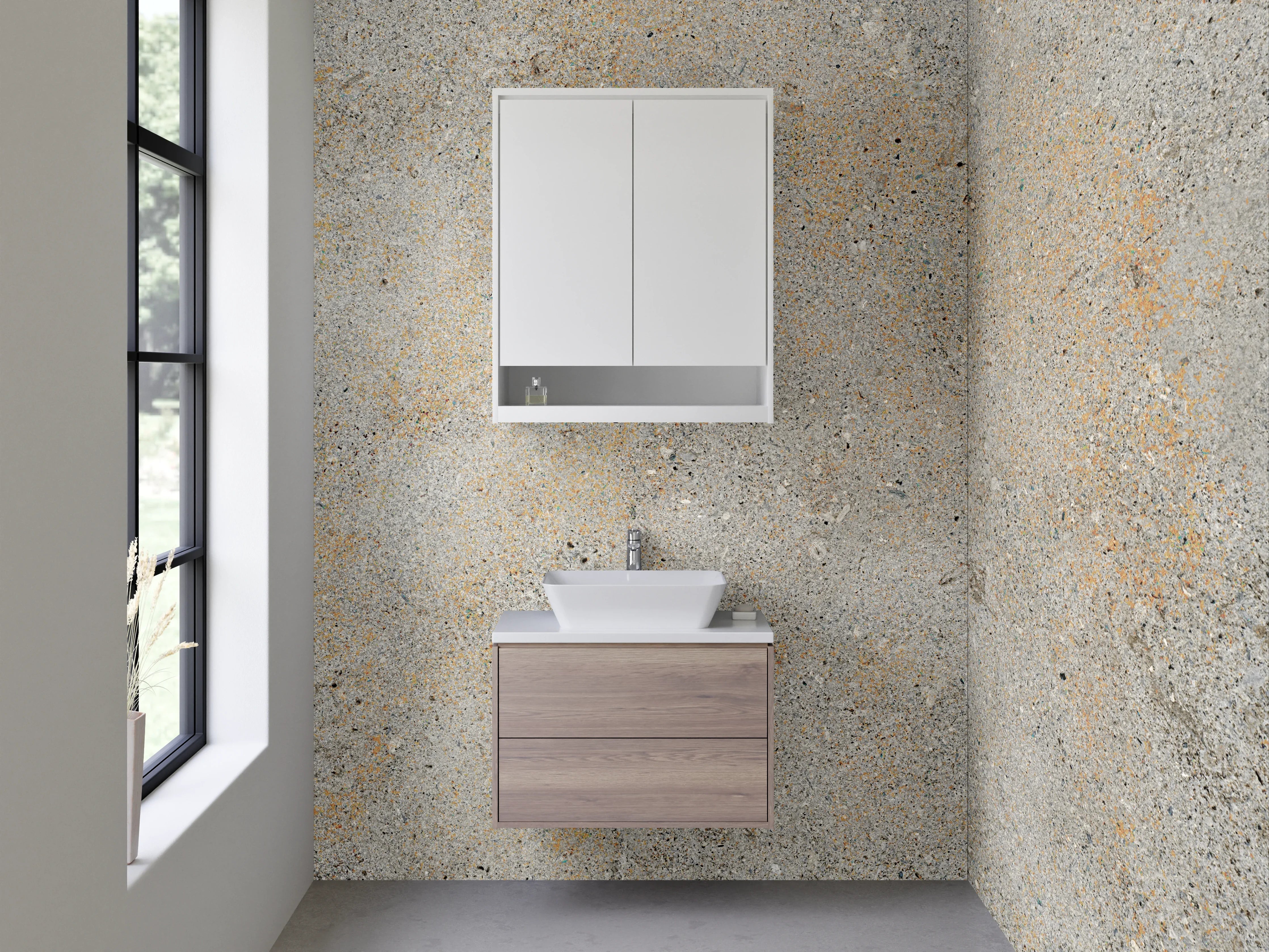 Waschbecken-Rückwand - Betonoptik in Grau mit pastellfarbenen Akzenten