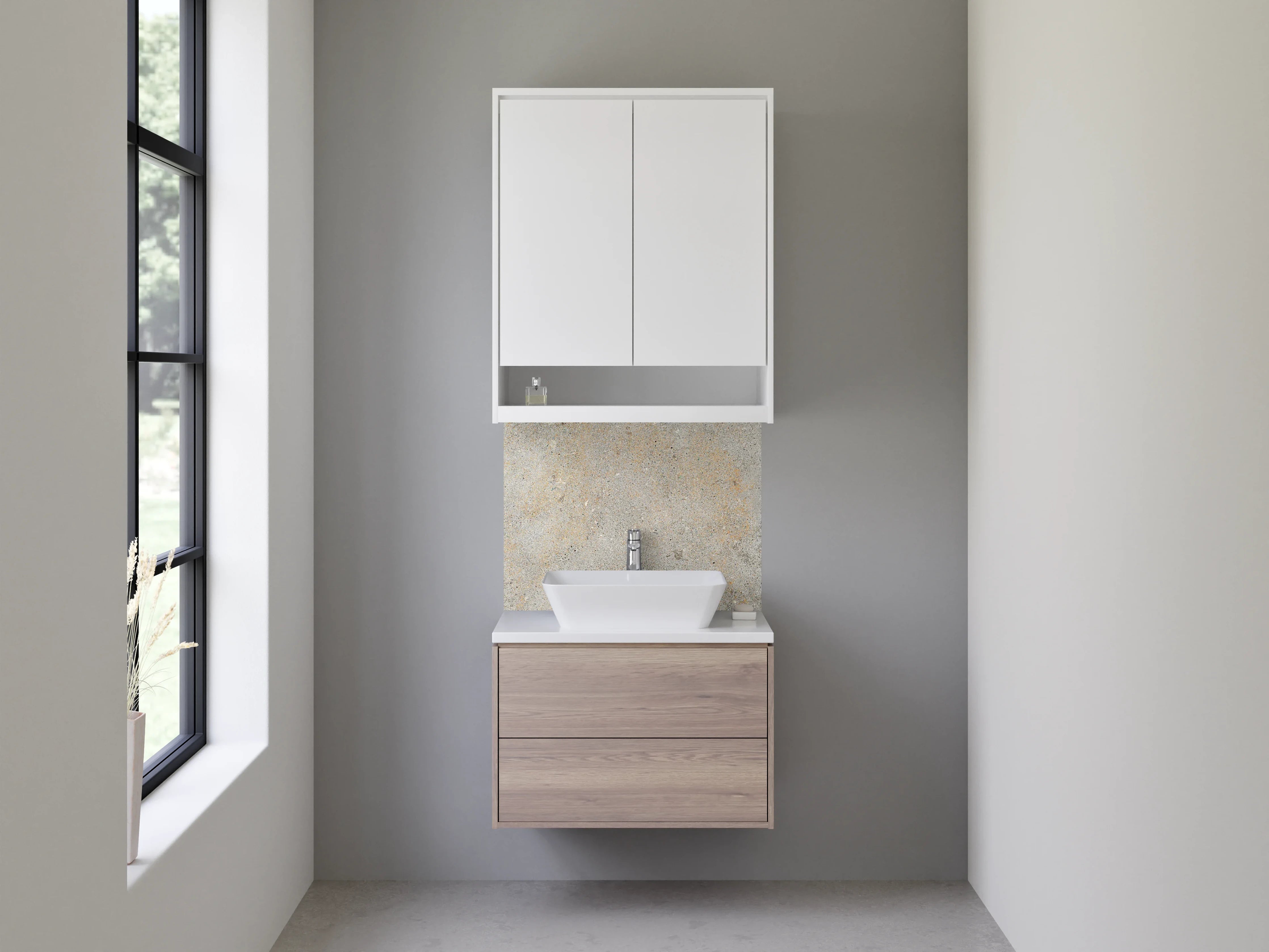 Waschbecken-Rückwand - Betonoptik in Grau mit pastellfarbenen Akzenten