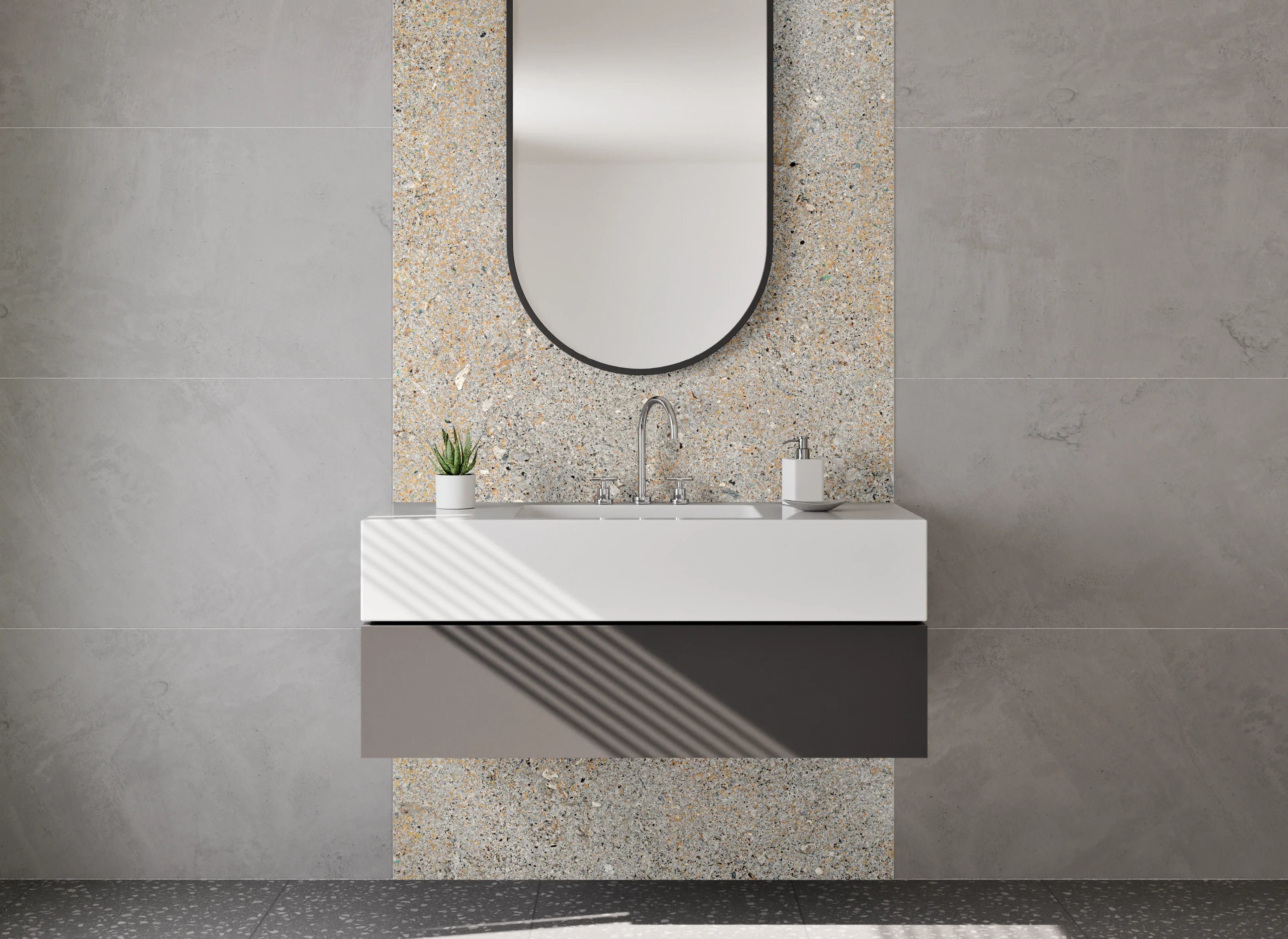 Waschbecken-Rückwand - Betonoptik in Grau mit pastellfarbenen Akzenten