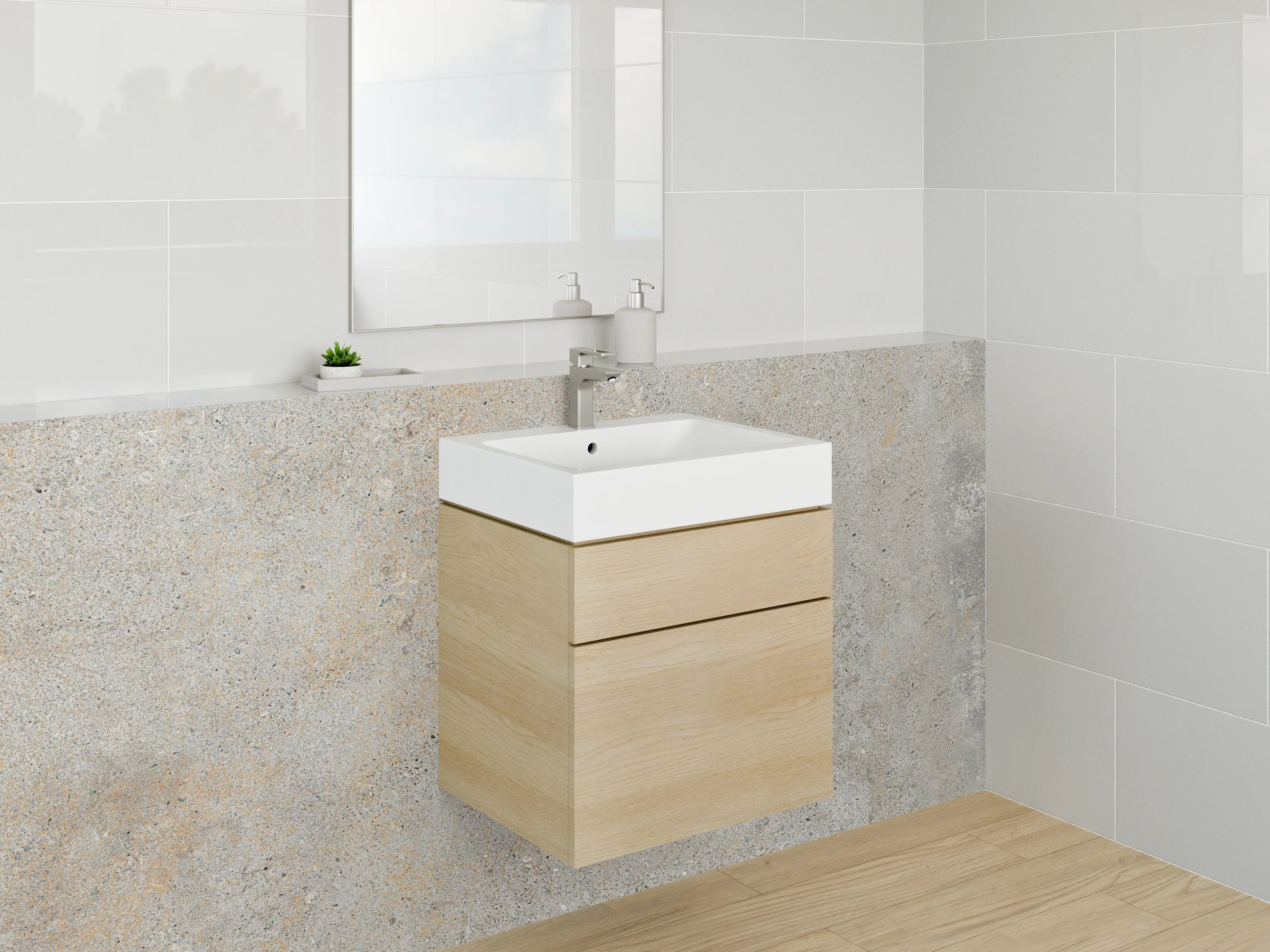 Waschbecken-Rückwand - Betonoptik in Grau mit pastellfarbenen Akzenten