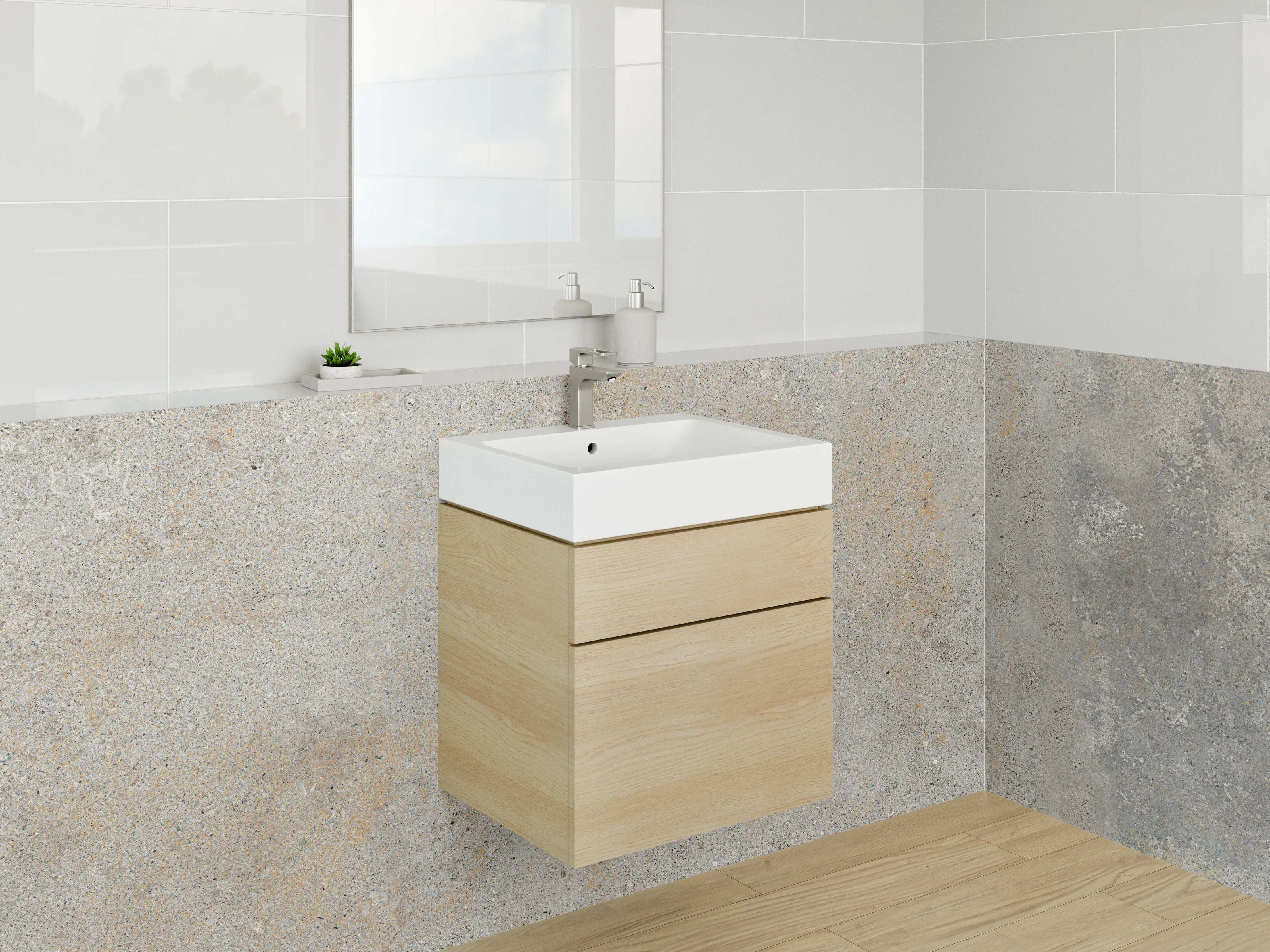 Waschbecken-Rückwand - Betonoptik in Grau mit pastellfarbenen Akzenten