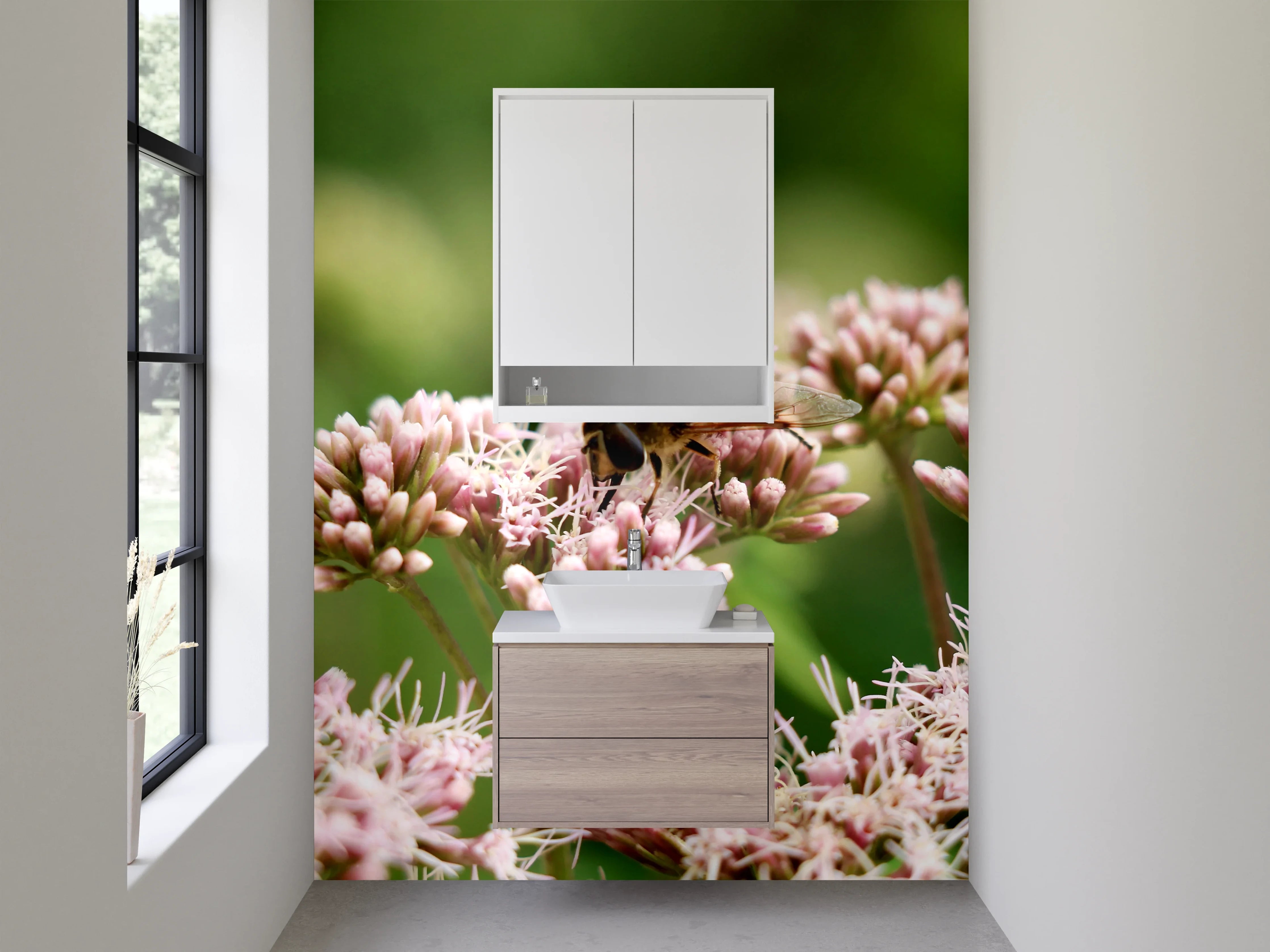Waschbecken-Rückwand - Biene auf rosa Blüten – Naturmotiv