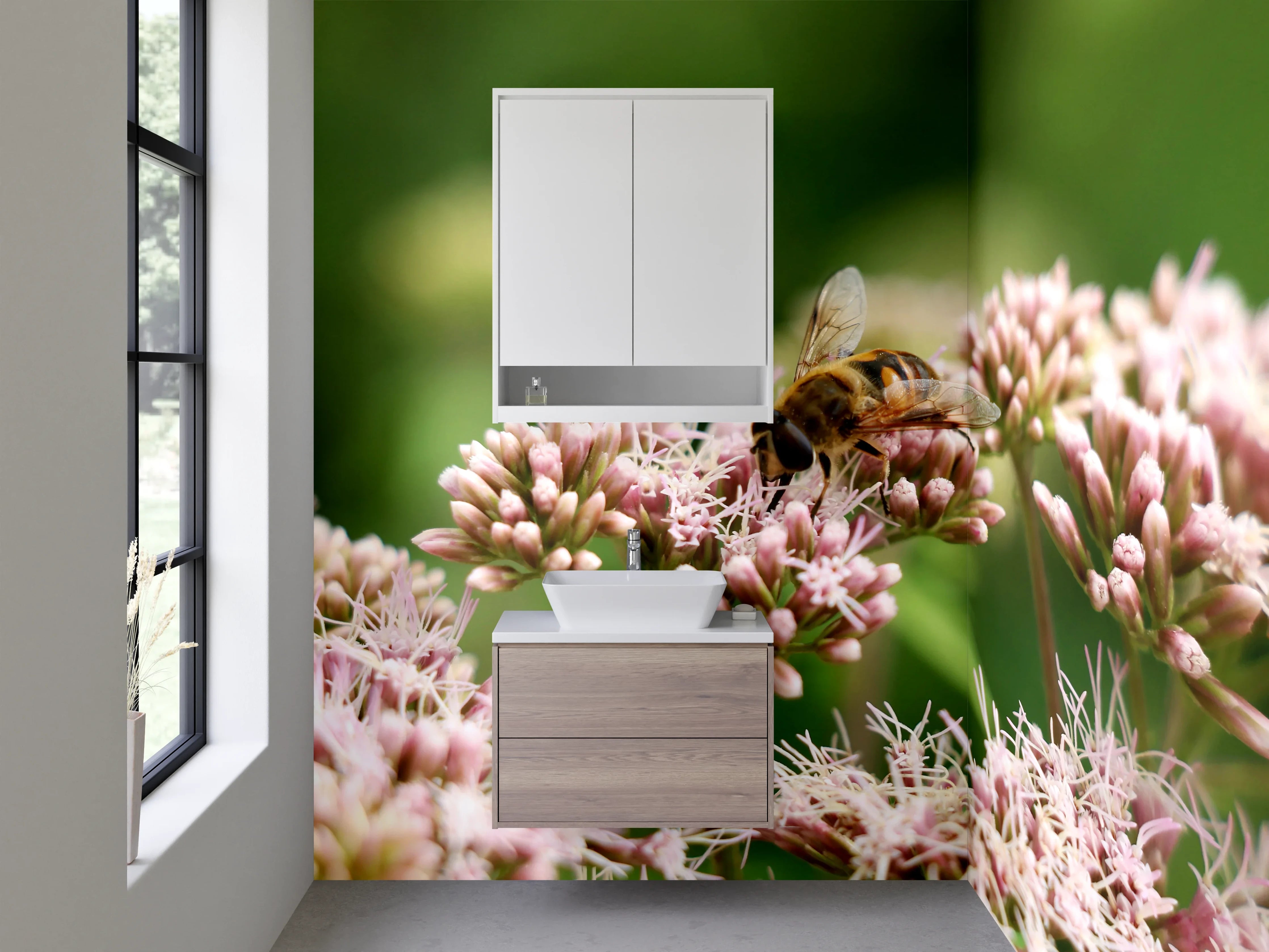 Waschbecken-Rückwand - Biene auf rosa Blüten – Naturmotiv