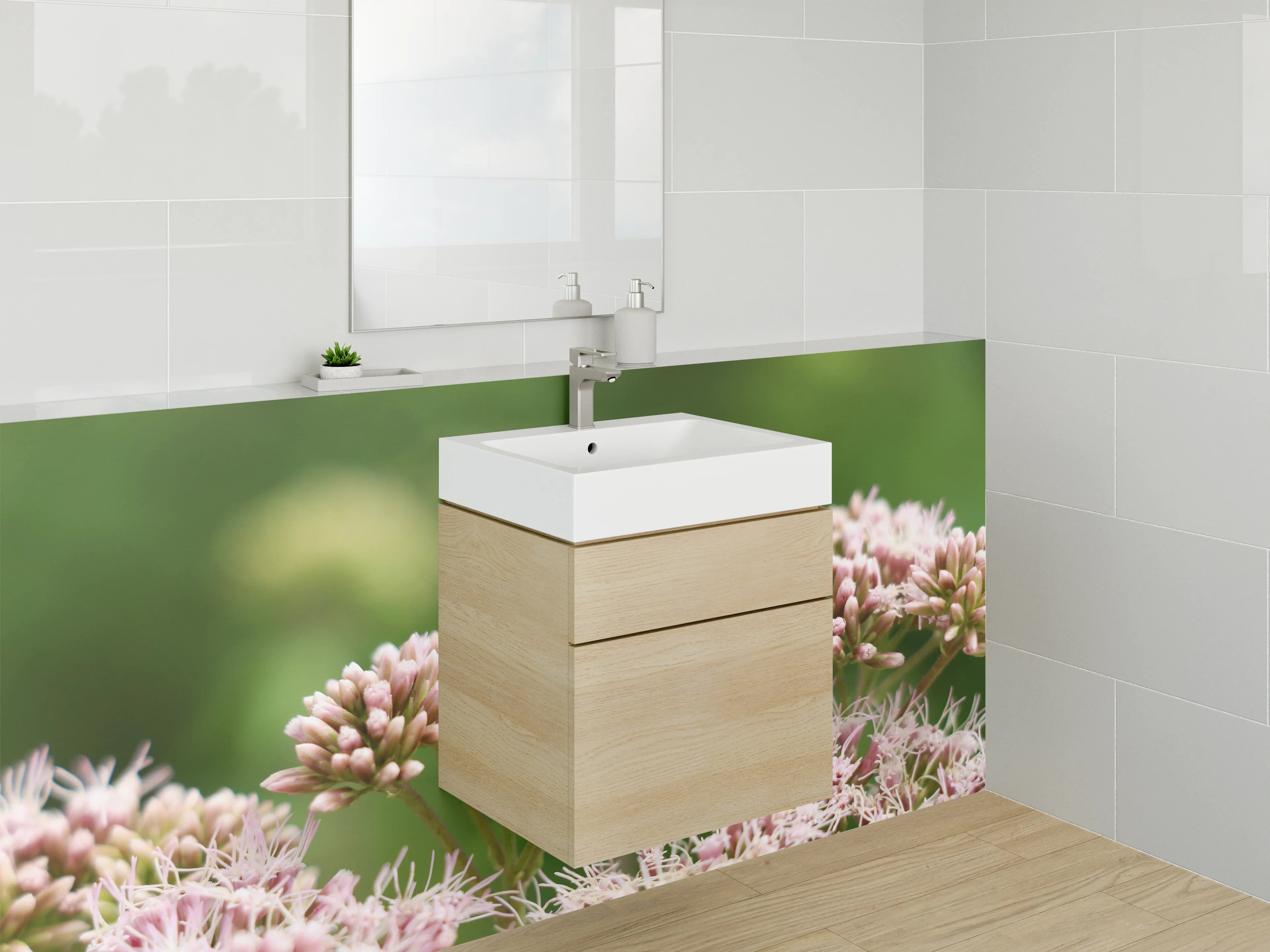 Waschbecken-Rückwand - Biene auf rosa Blüten – Naturmotiv