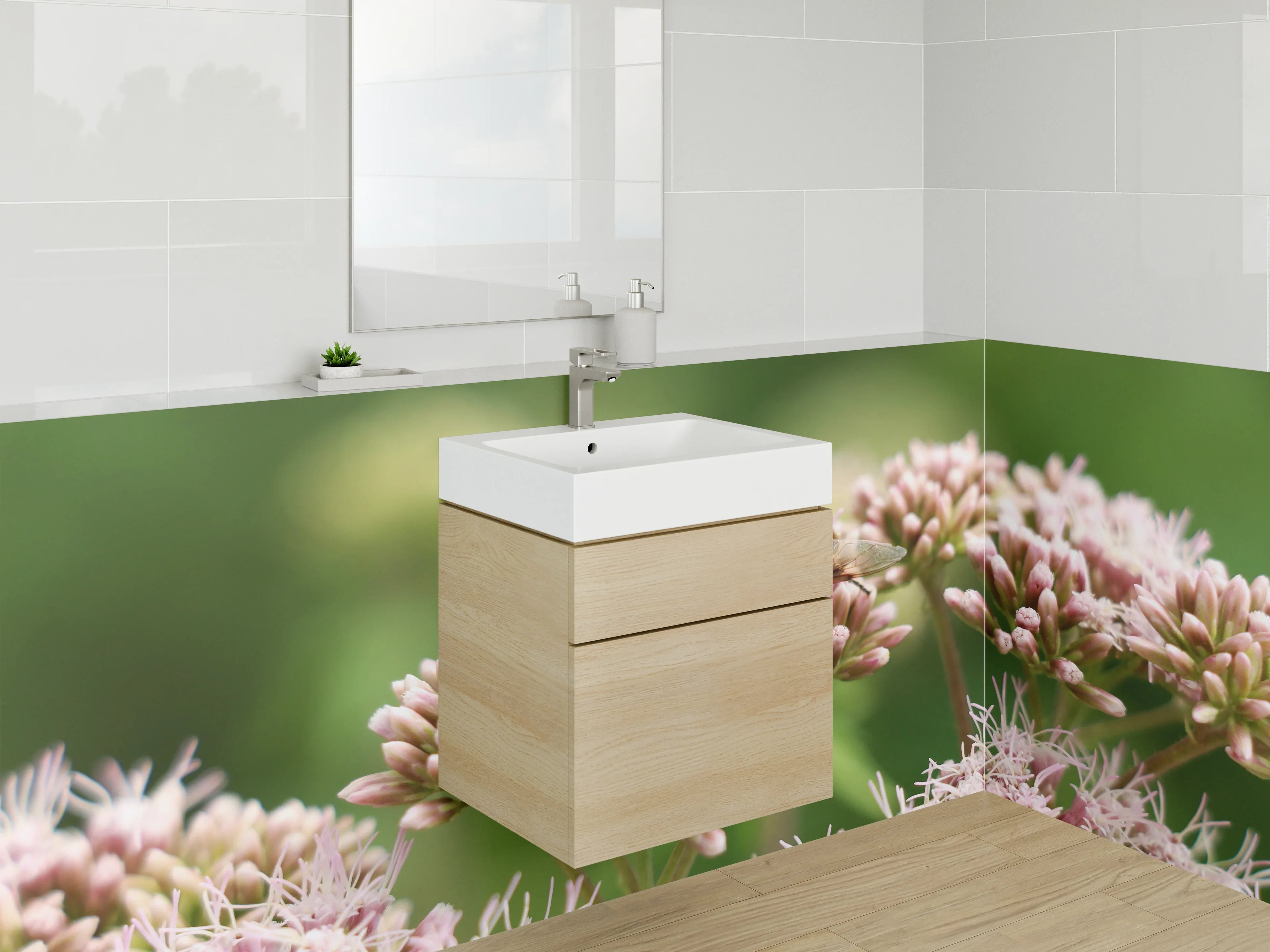 Waschbecken-Rückwand - Biene auf rosa Blüten – Naturmotiv