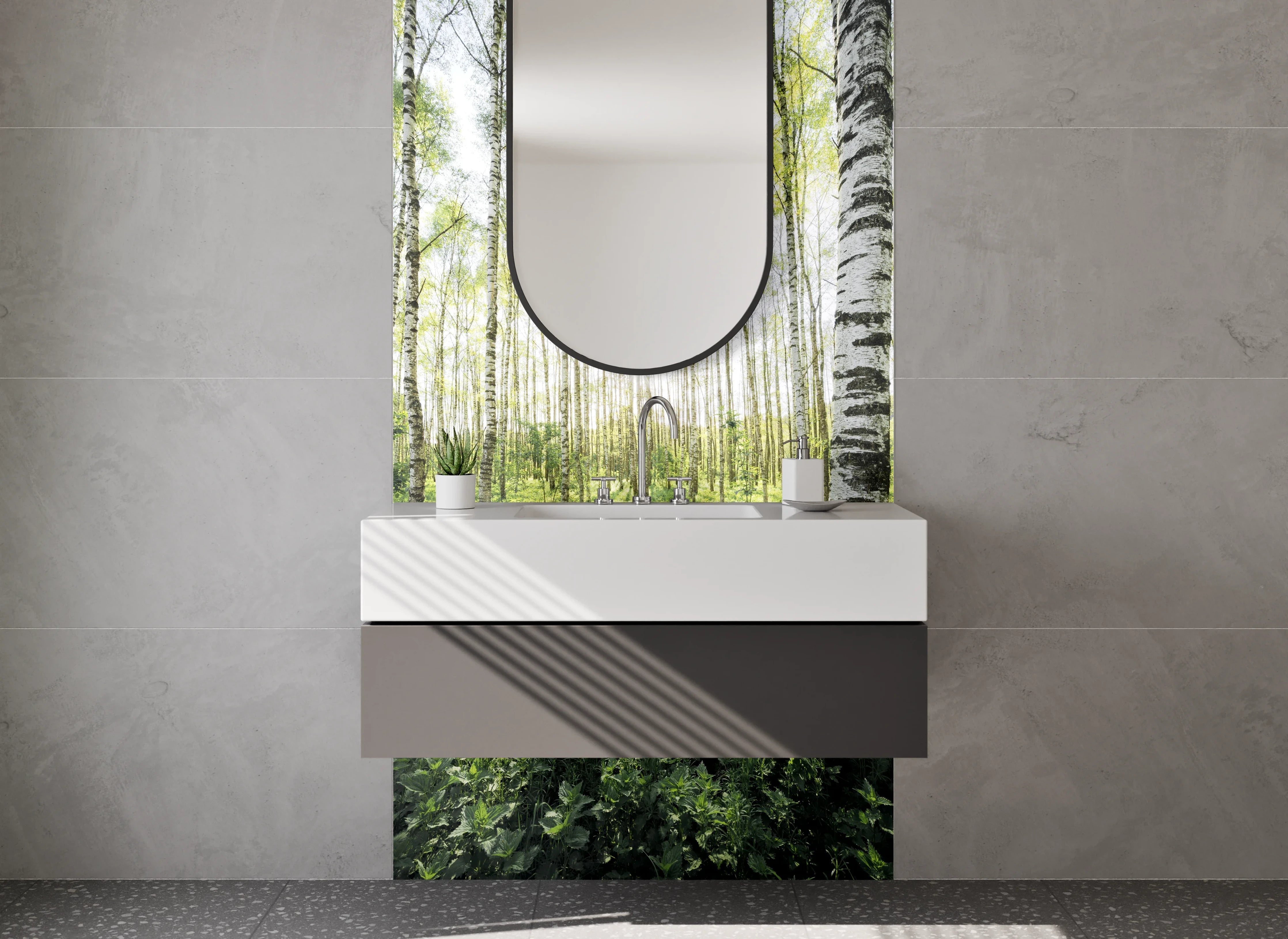 Waschbecken-Rückwand - Birkenwald Naturmotiv Grün Weiß